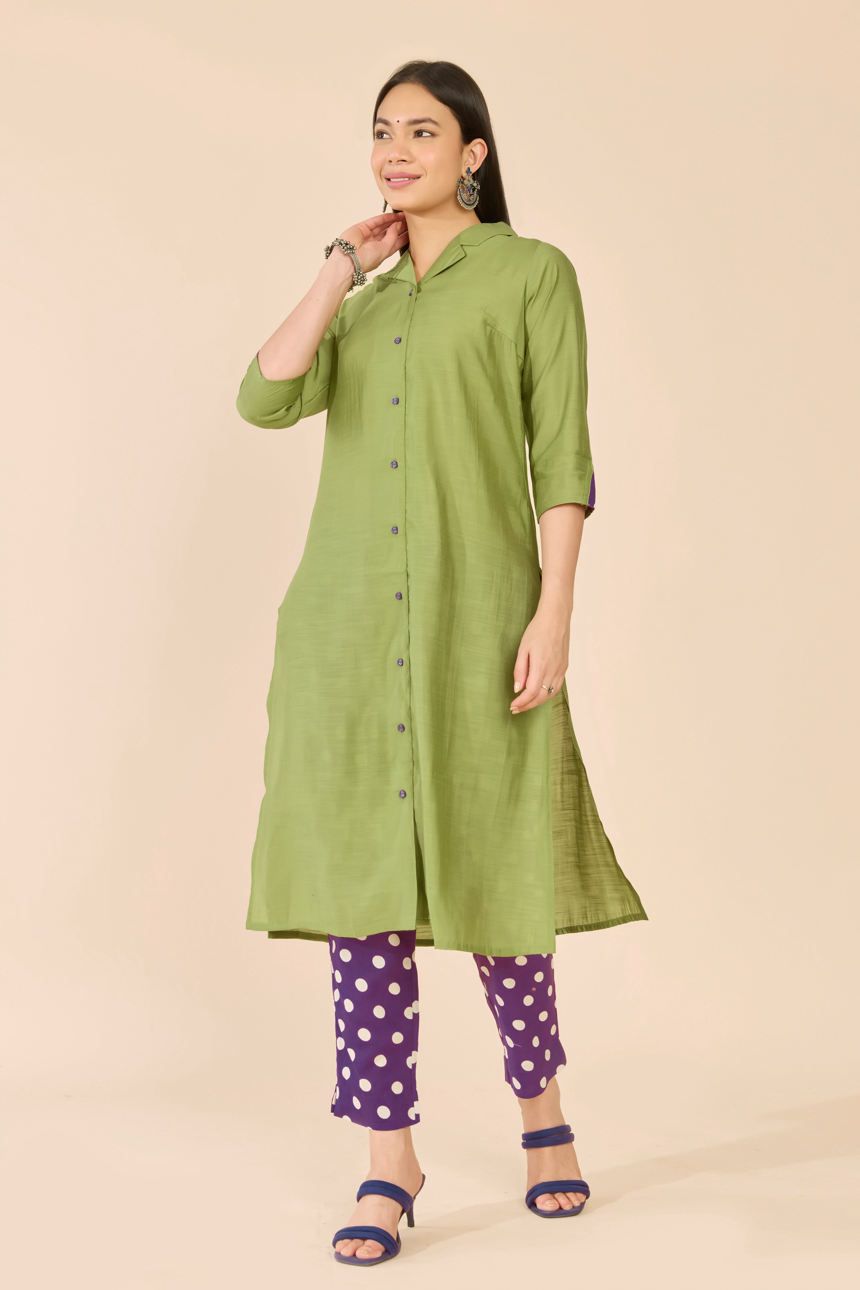 Green Solid Kurta With Purple Polka Dot Pants