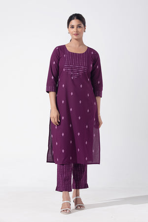 Cotton Dobby Foil Mirror Embellished Purple Kurta Pant
