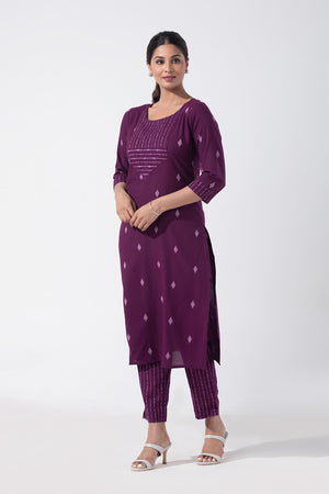 Cotton Dobby Foil Mirror Embellished Purple Kurta Pant