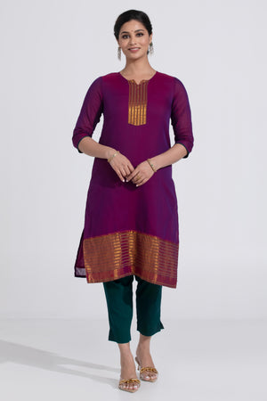 Purple Mangalagiri Kurta with Green Cotton Pants