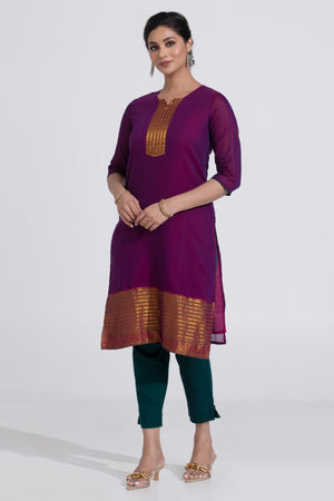 Purple Mangalagiri Kurta with Green Cotton Pants
