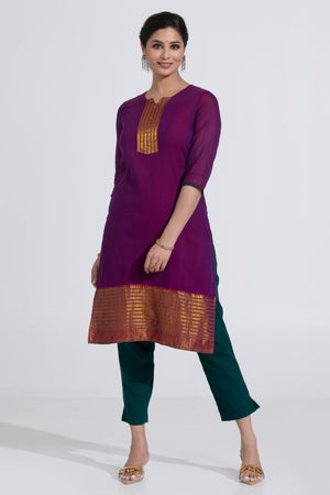 Purple Mangalagiri Kurta with Green Cotton Pants
