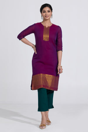 Purple Mangalagiri Kurta with Green Cotton Pants