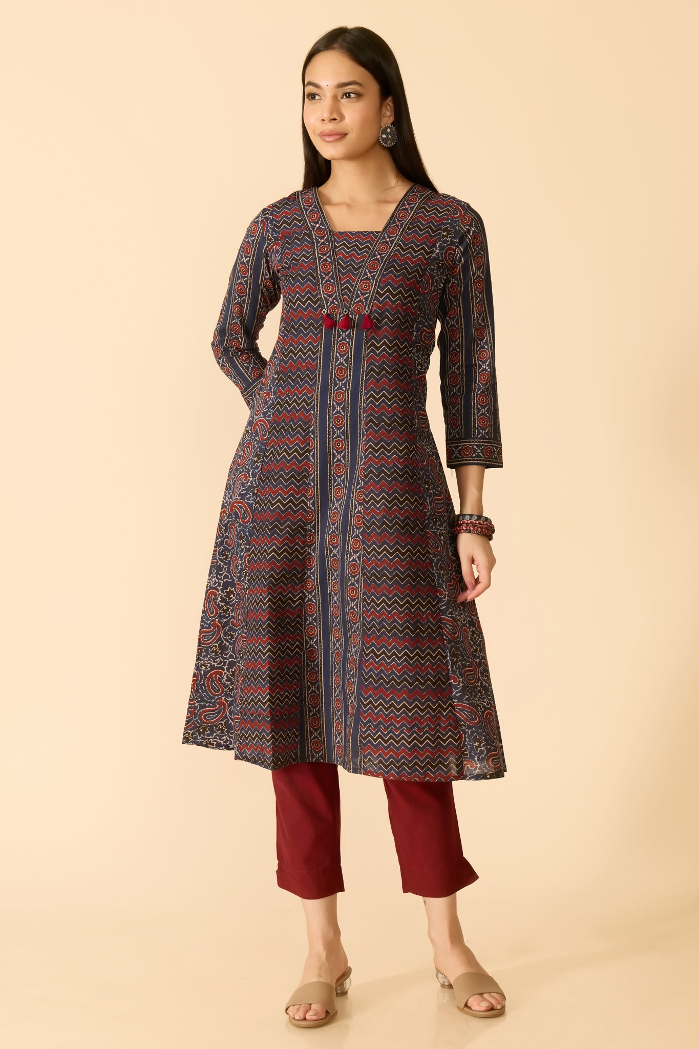 NAVY AJRAKH COTTON KURTA PANT SET