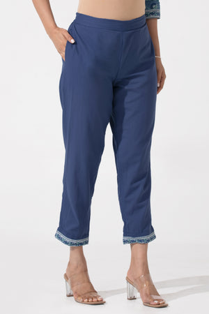 Blue Floral Printed Kurta Pant Set with Solid Bottomwear