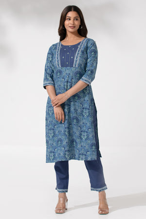 Blue Floral Printed Kurta Pant Set with Solid Bottomwear