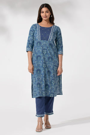 Blue Floral Printed Kurta Pant Set with Solid Bottomwear