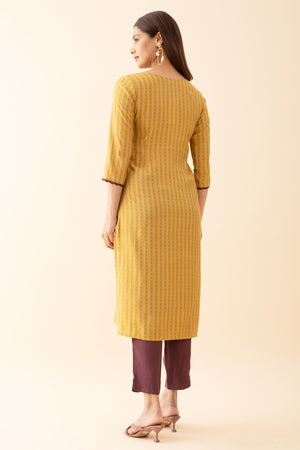 Geometric Printed & Scallop Embroidered Neckline KurtaSet - Gold & Wine