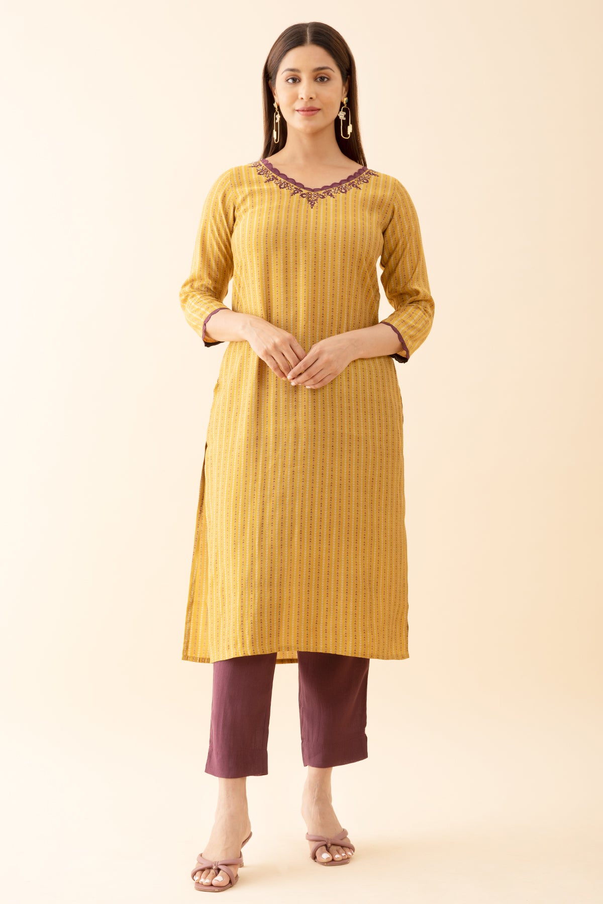 Geometric Printed & Scallop Embroidered Neckline KurtaSet - Gold & Wine