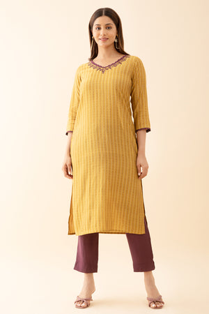 Geometric Printed & Scallop Embroidered Neckline KurtaSet - Gold & Wine