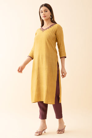 Geometric Printed & Scallop Embroidered Neckline KurtaSet - Gold & Wine