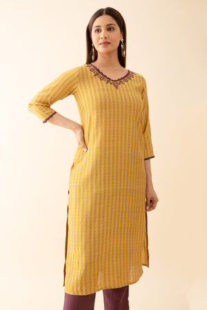 Geometric Printed & Scallop Embroidered Neckline KurtaSet - Gold & Wine