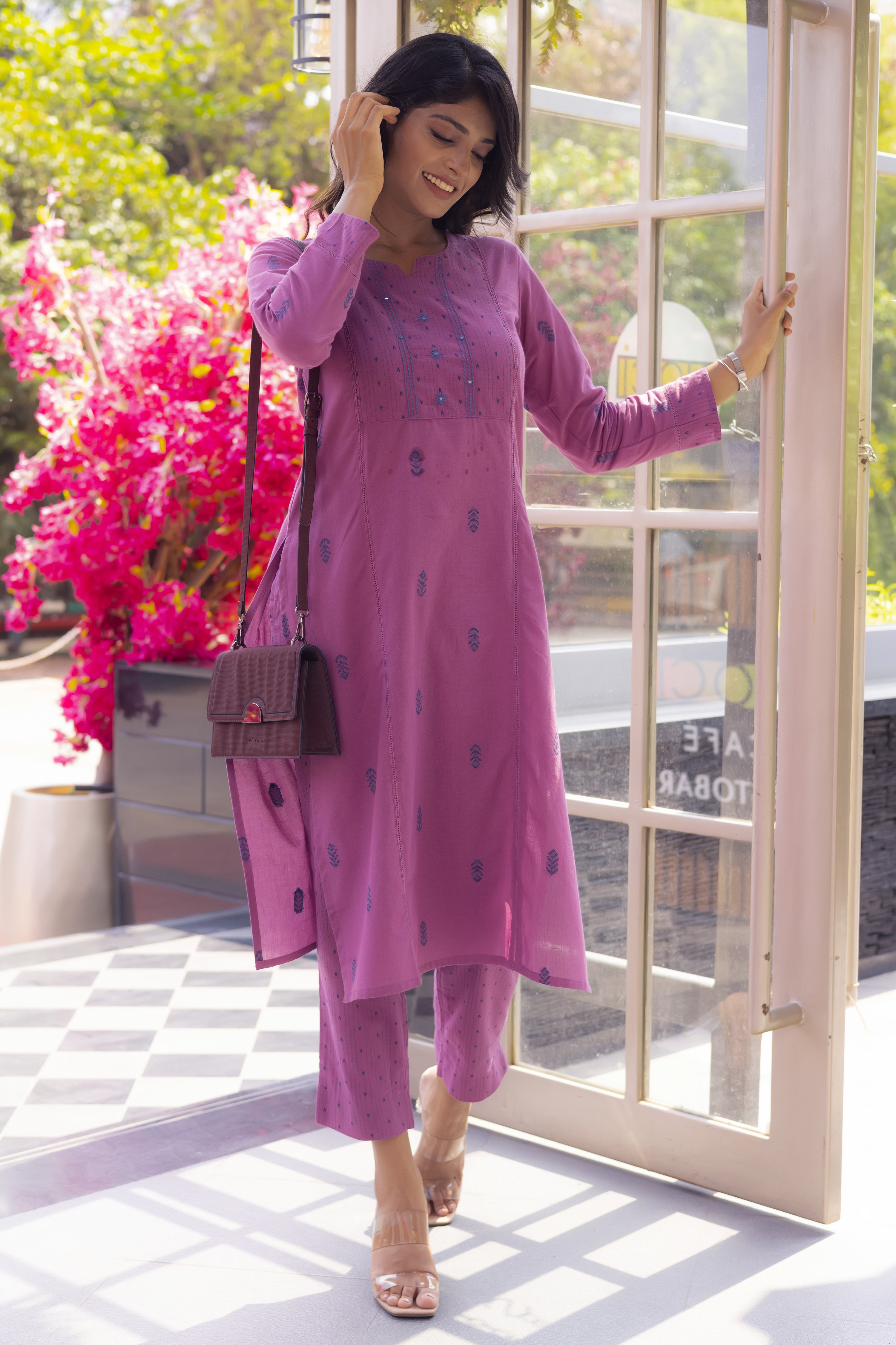 Purple Cotton Dobby & Embroidered Kurta Pant Set