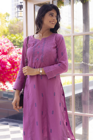 Purple Cotton Dobby & Embroidered Kurta Pant Set