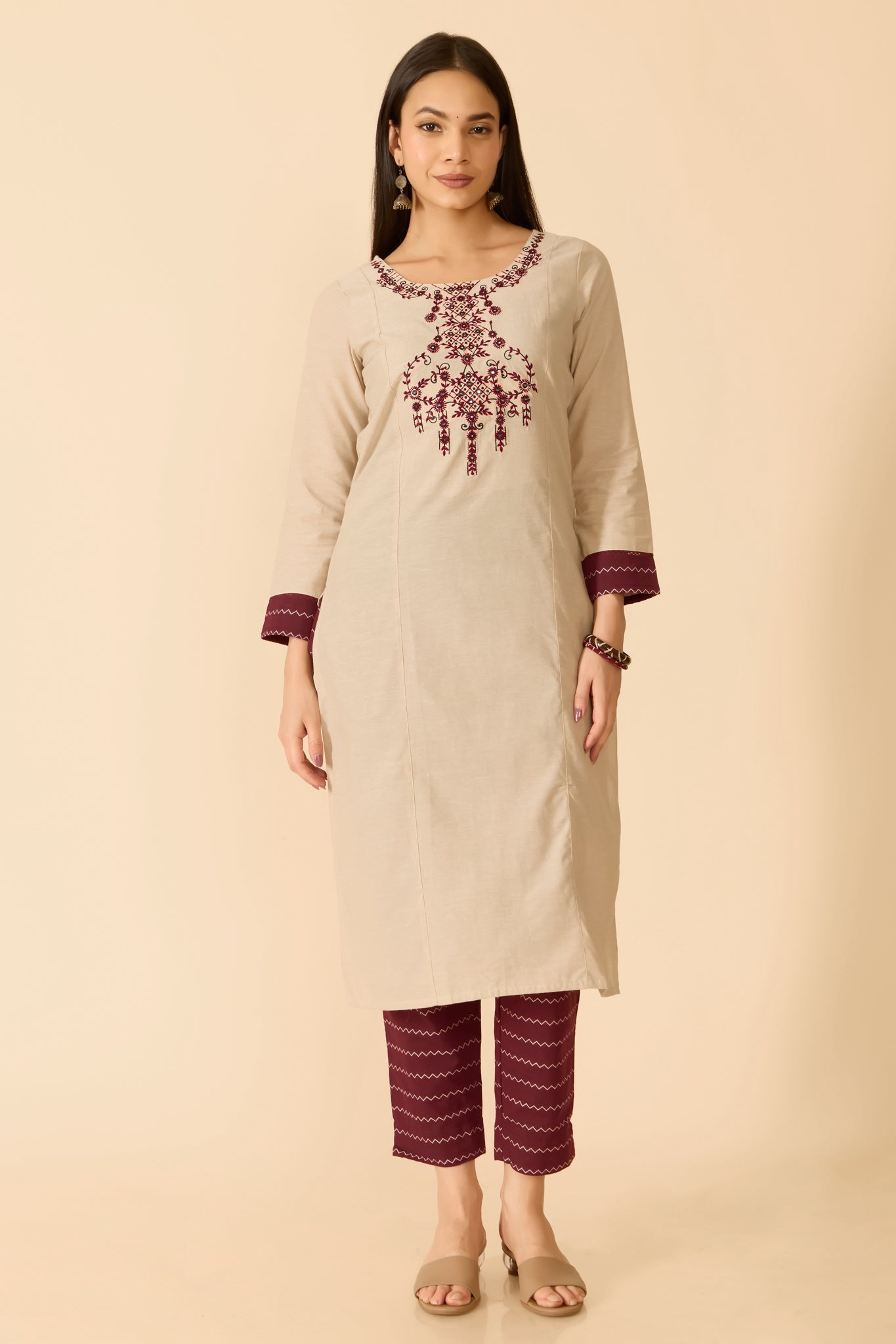 BEIGE EMBROIDERED COTTON KURTA PANT SET