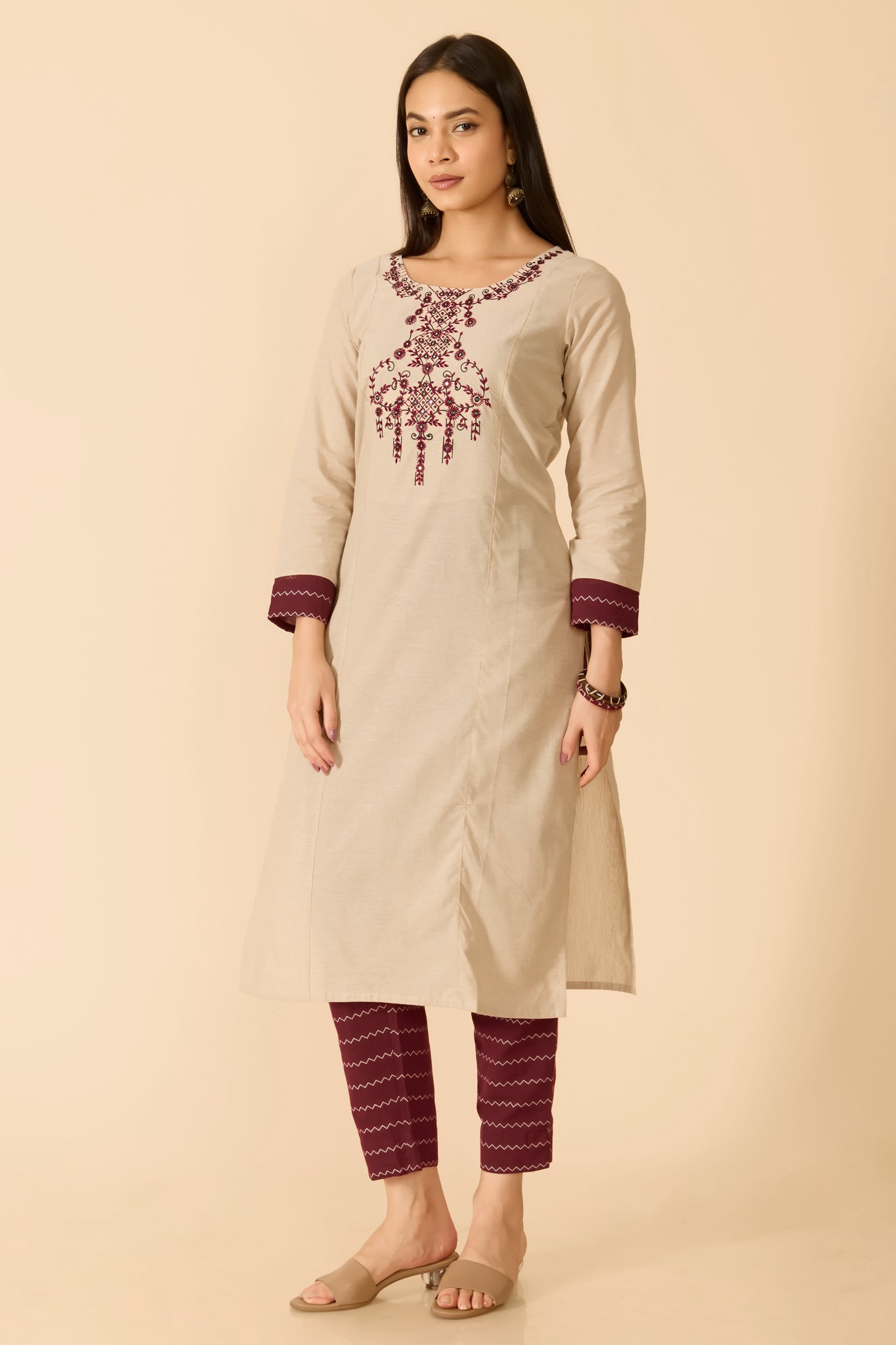 BEIGE EMBROIDERED COTTON KURTA PANT SET