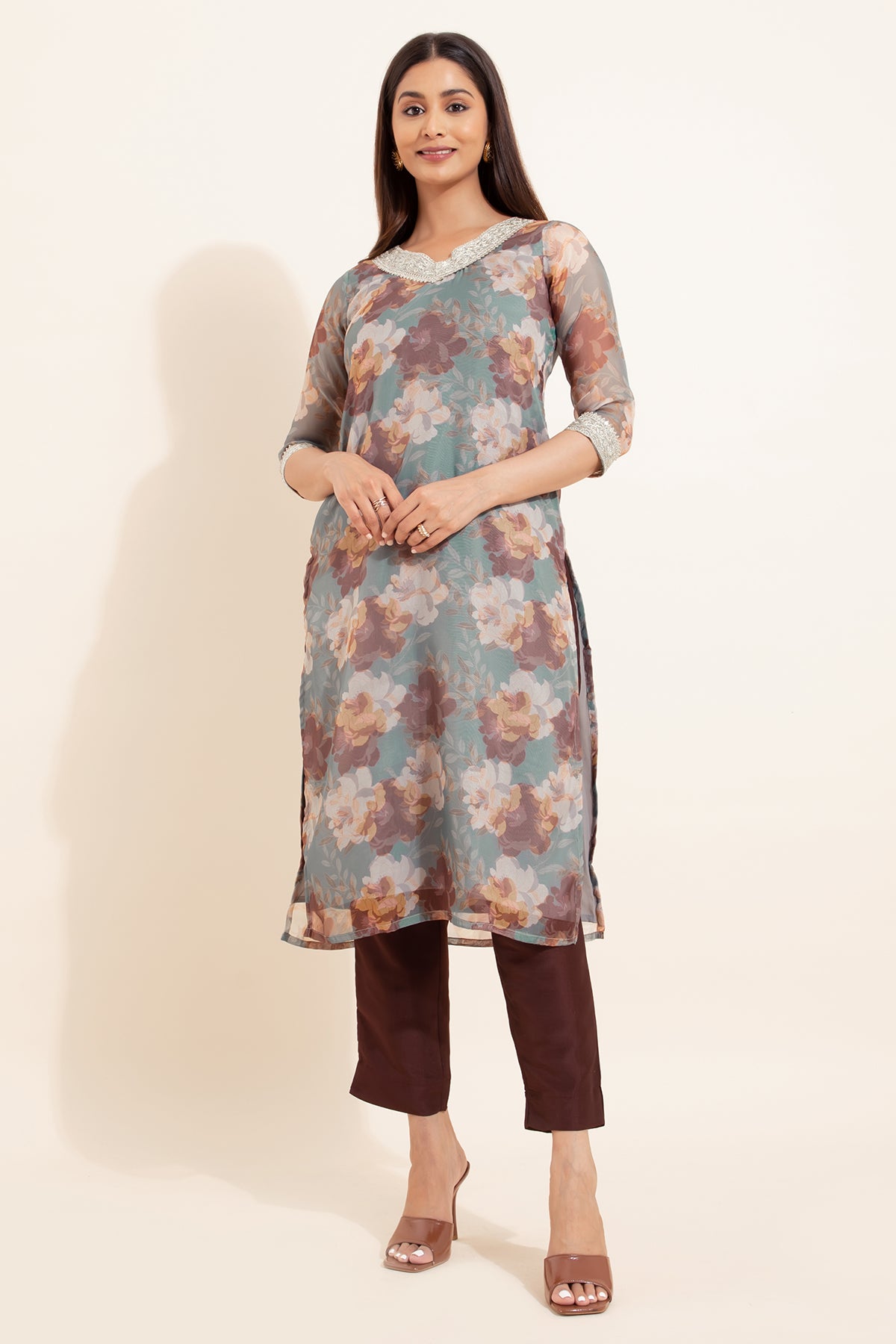 Abstract Floral Printed Kurta Pant - Green & Brown