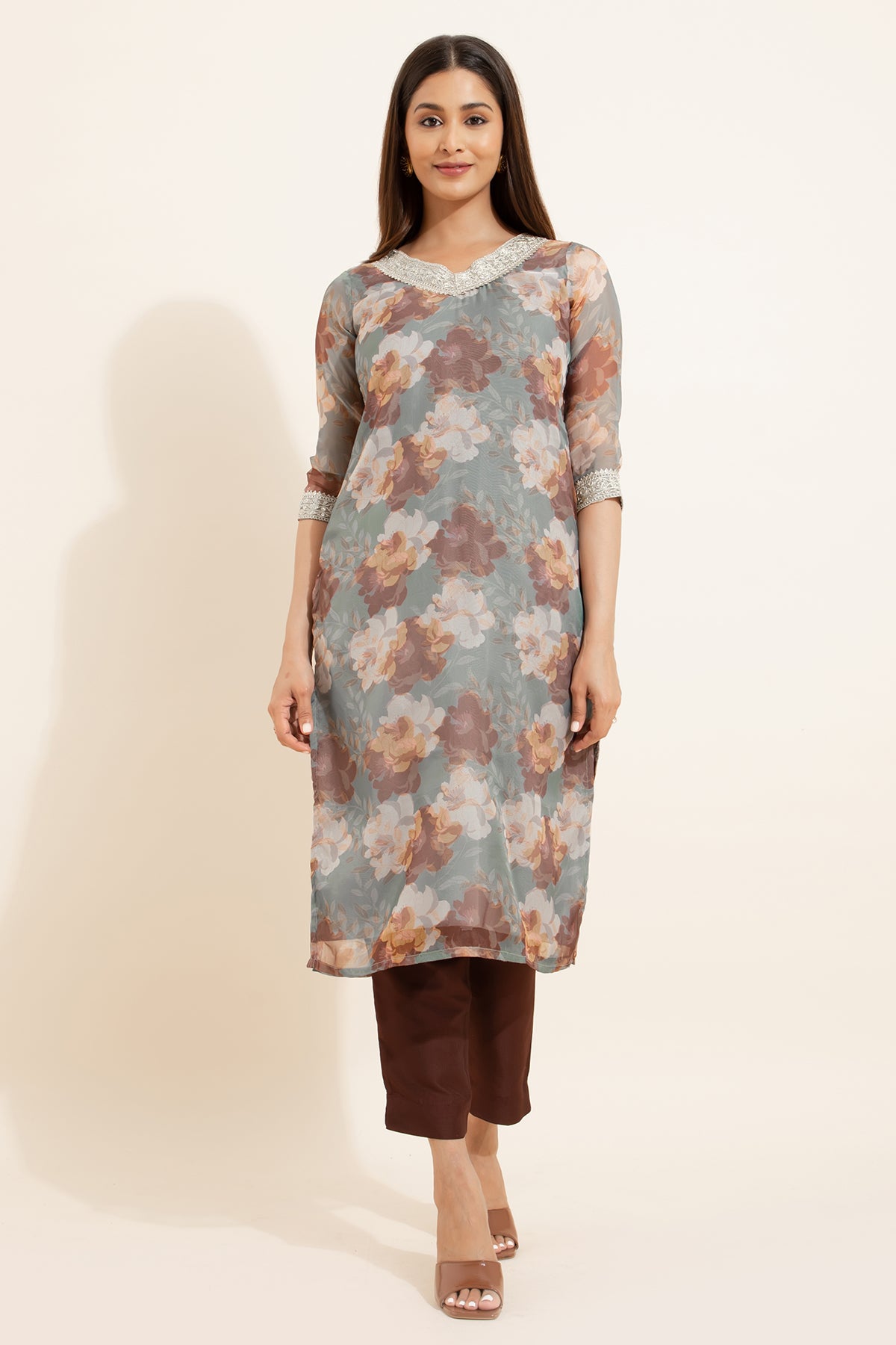 Abstract Floral Printed Kurta Pant - Green & Brown