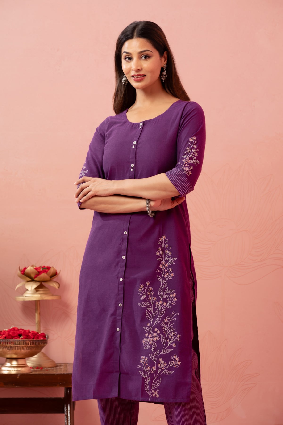 Purple Floral Printed Cotton Blend Kurta Pant Set