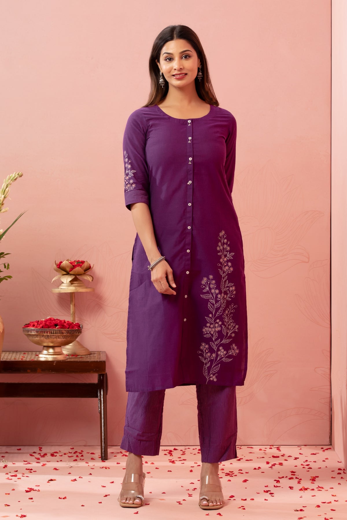 Purple Floral Printed Cotton Blend Kurta Pant Set