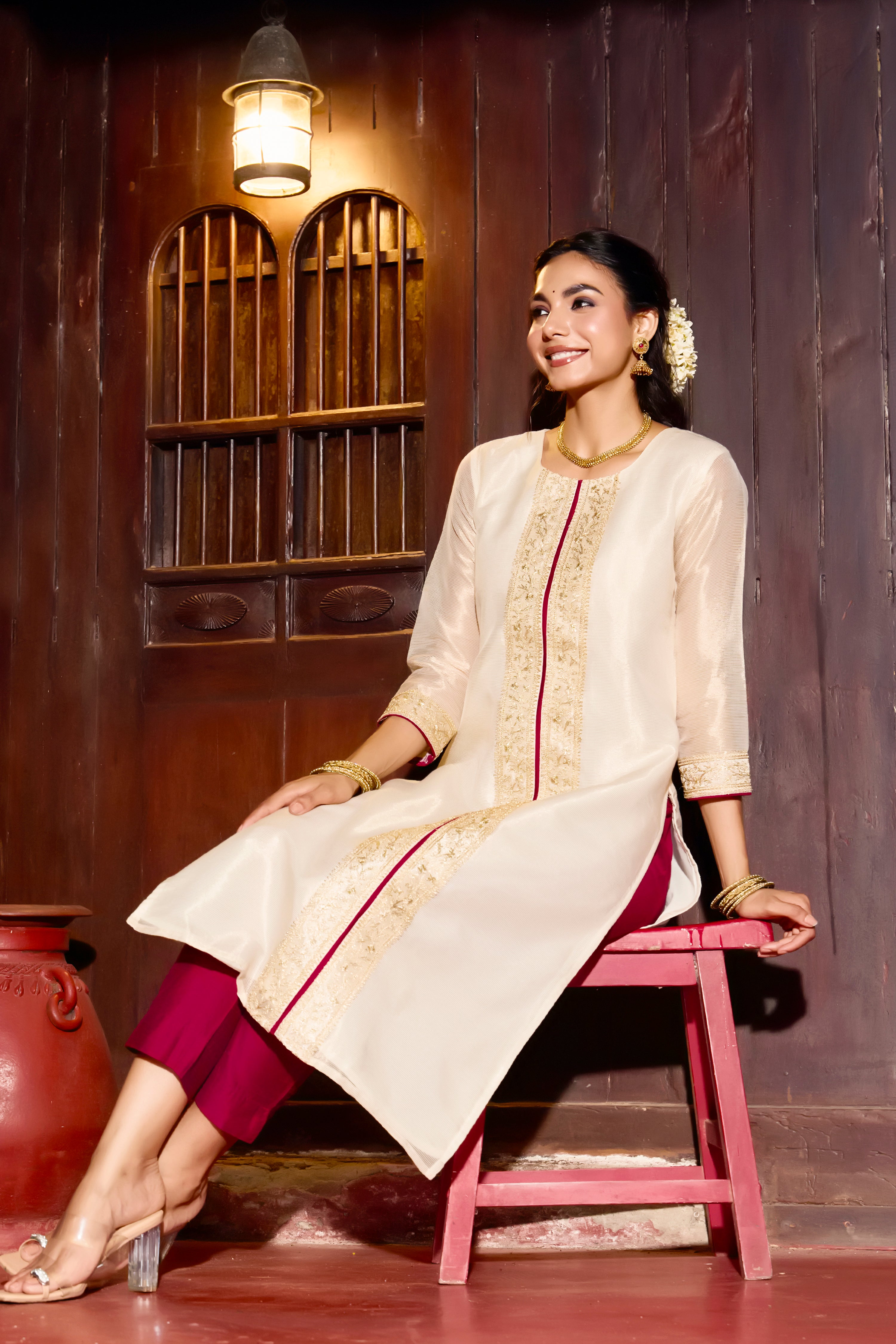 Off White Chanderi Tissue Stripe Kurta Pant Set