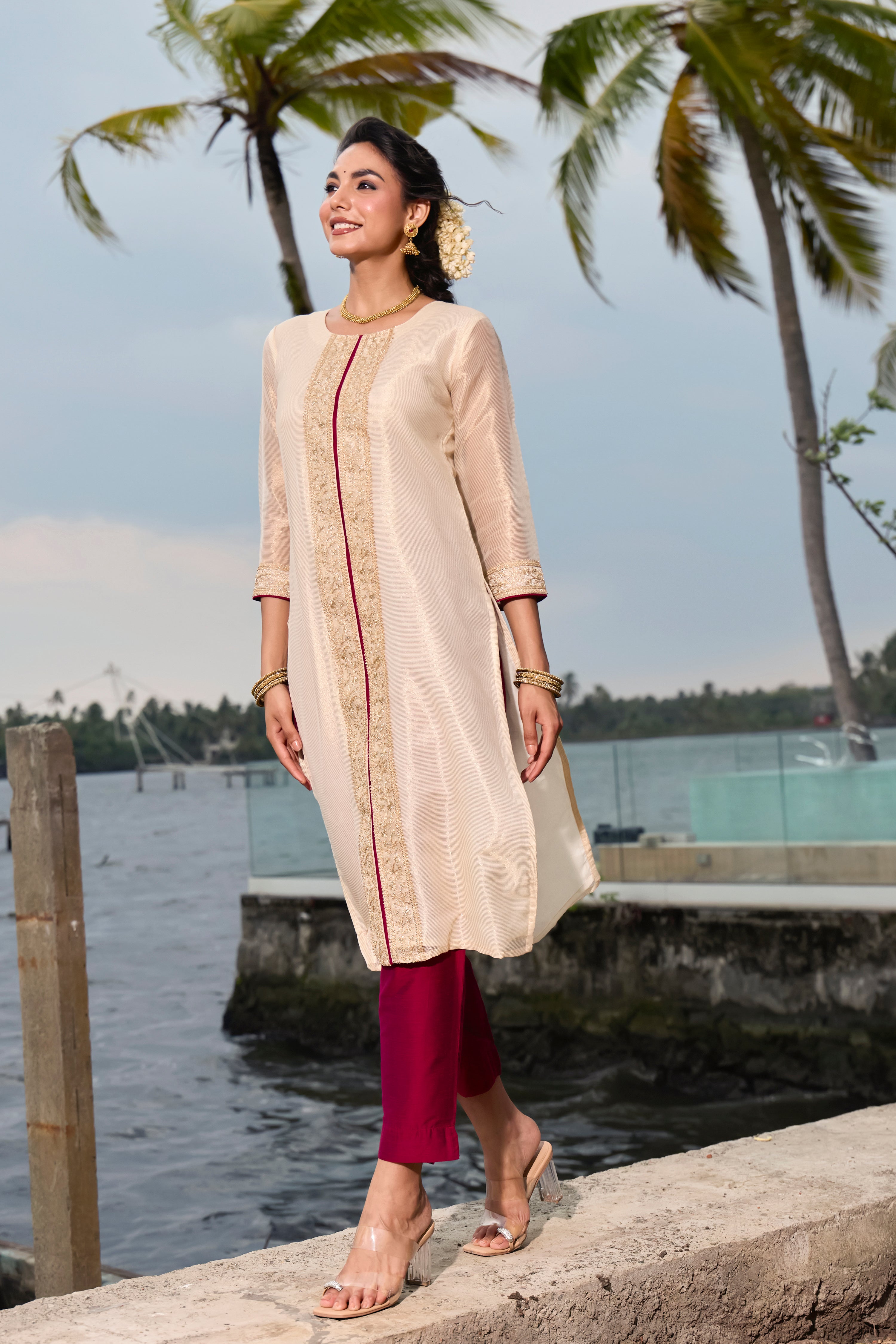 Off White Chanderi Tissue Stripe Kurta Pant Set