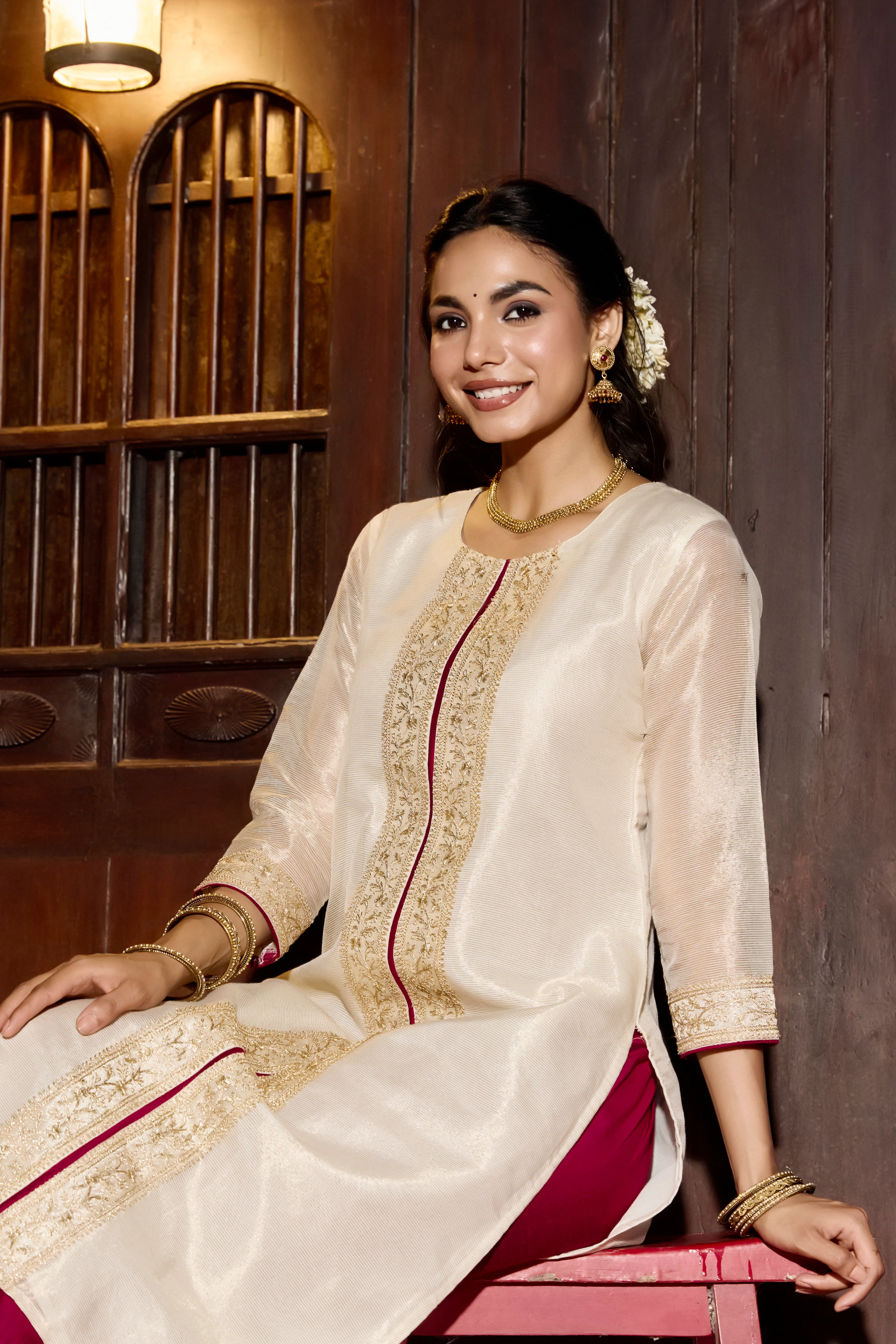 Off White Chanderi Tissue Stripe Kurta Pant Set