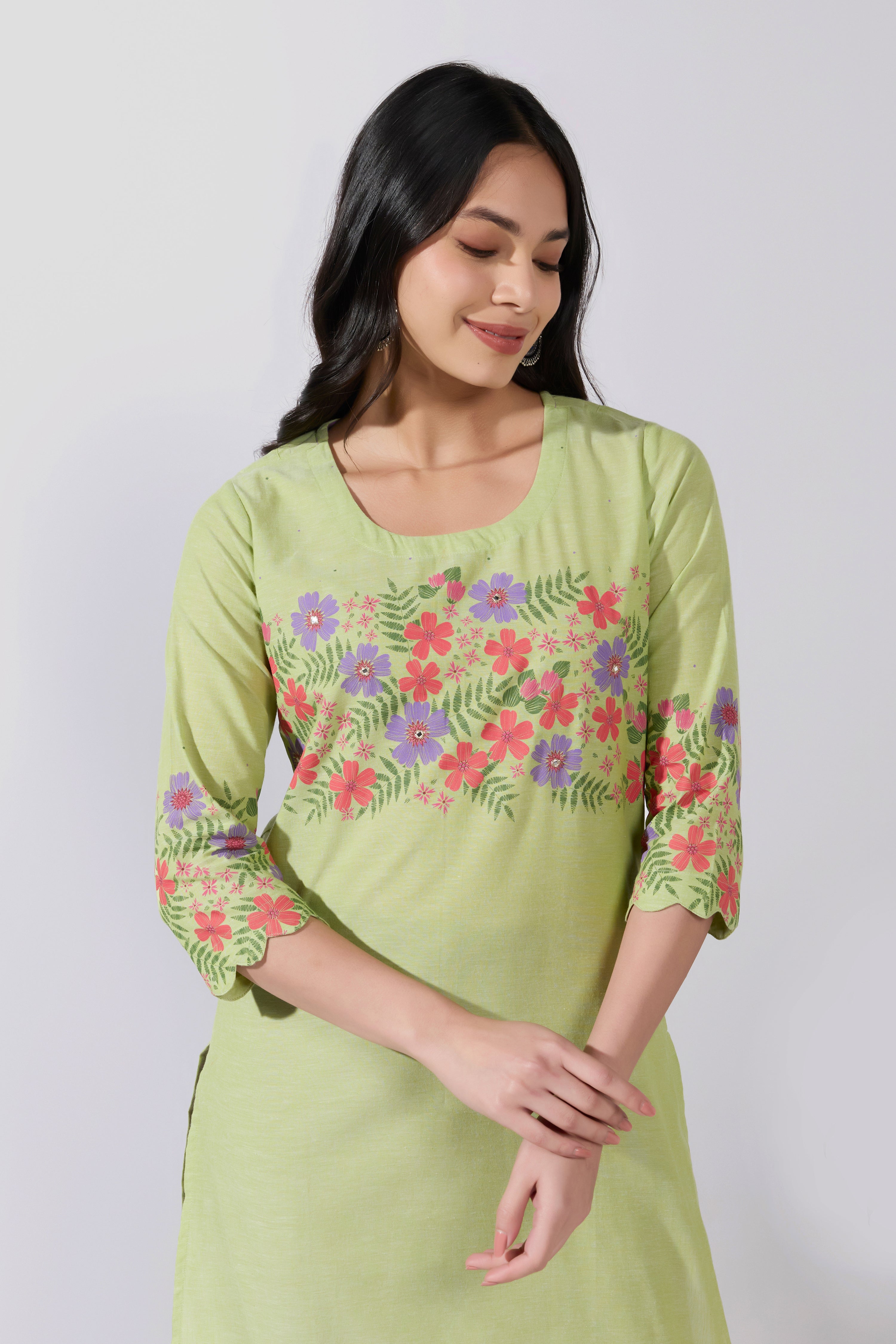 Floral Placement Printed Green & Pink Cotton Kurta Pant