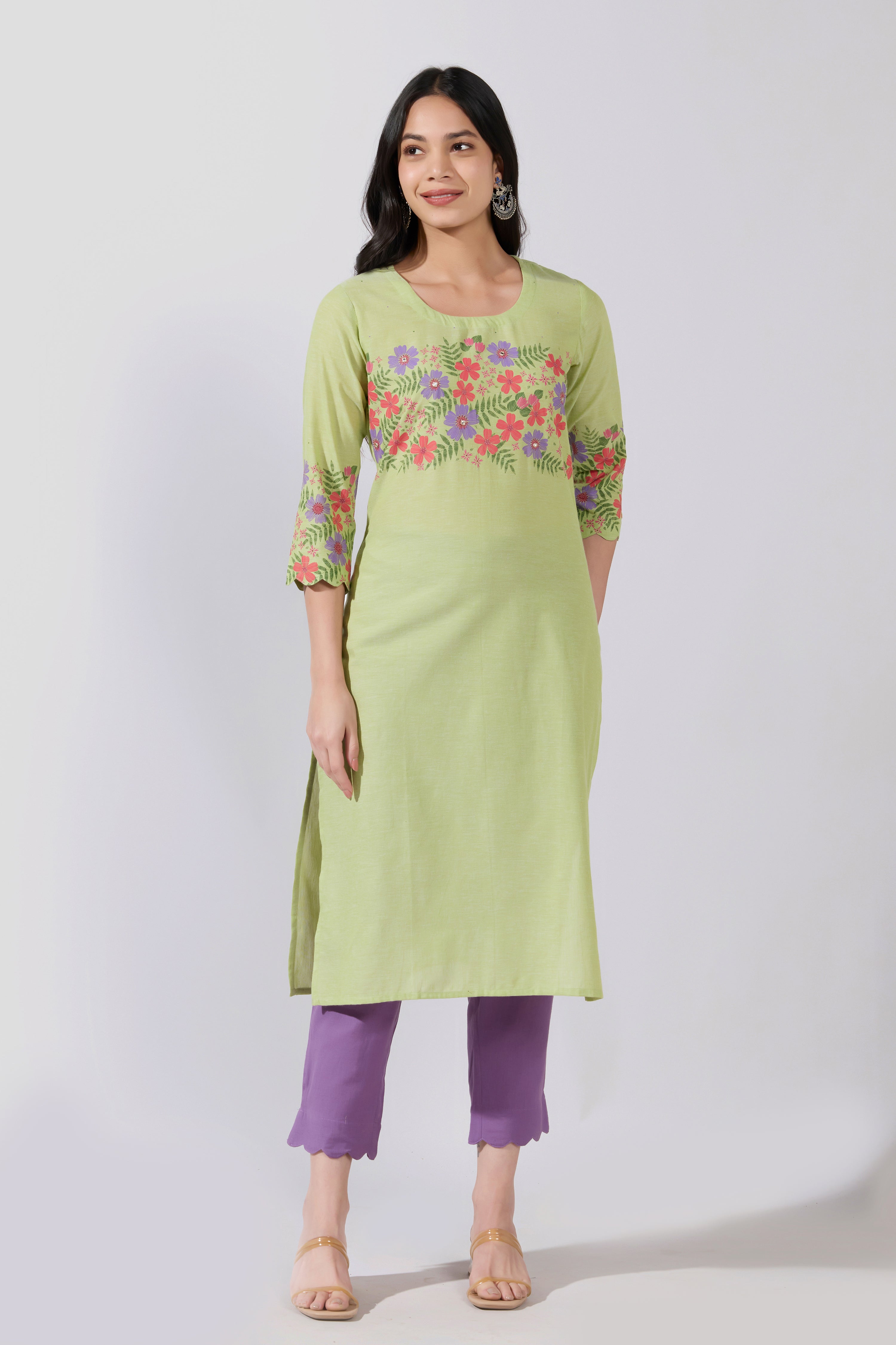 Floral Placement Printed Green & Pink Cotton Kurta Pant