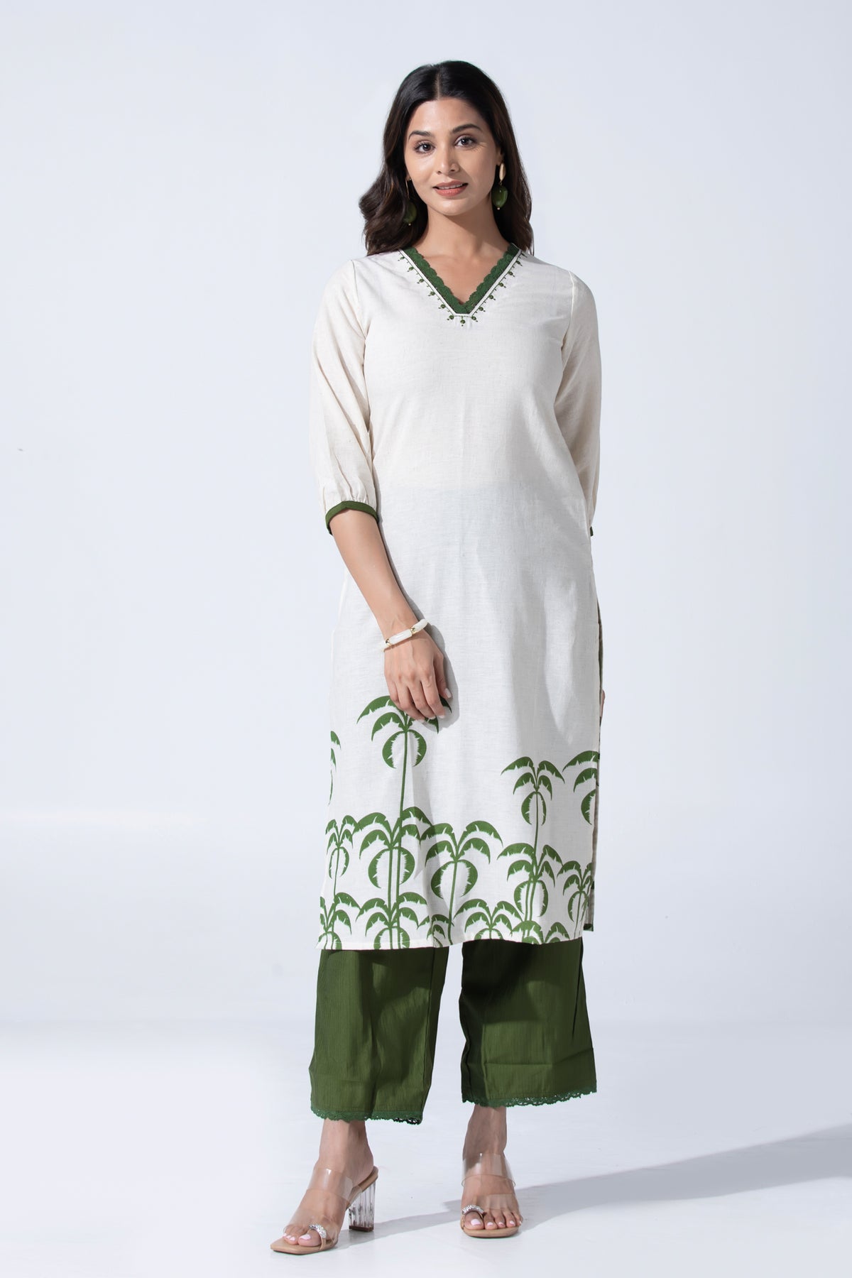 Off White Tropical Leaves Printed Straight Kurta Pant Set