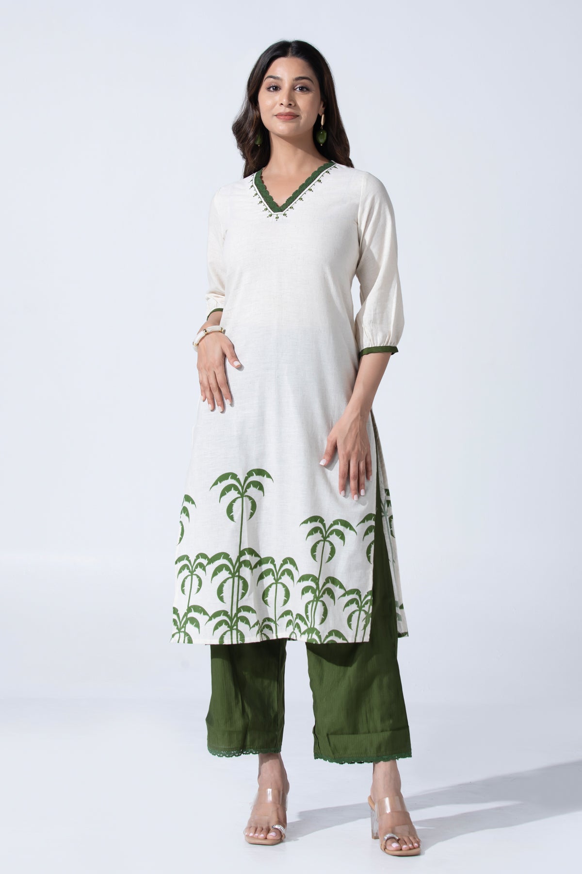 Off White Tropical Leaves Printed Straight Kurta Pant Set