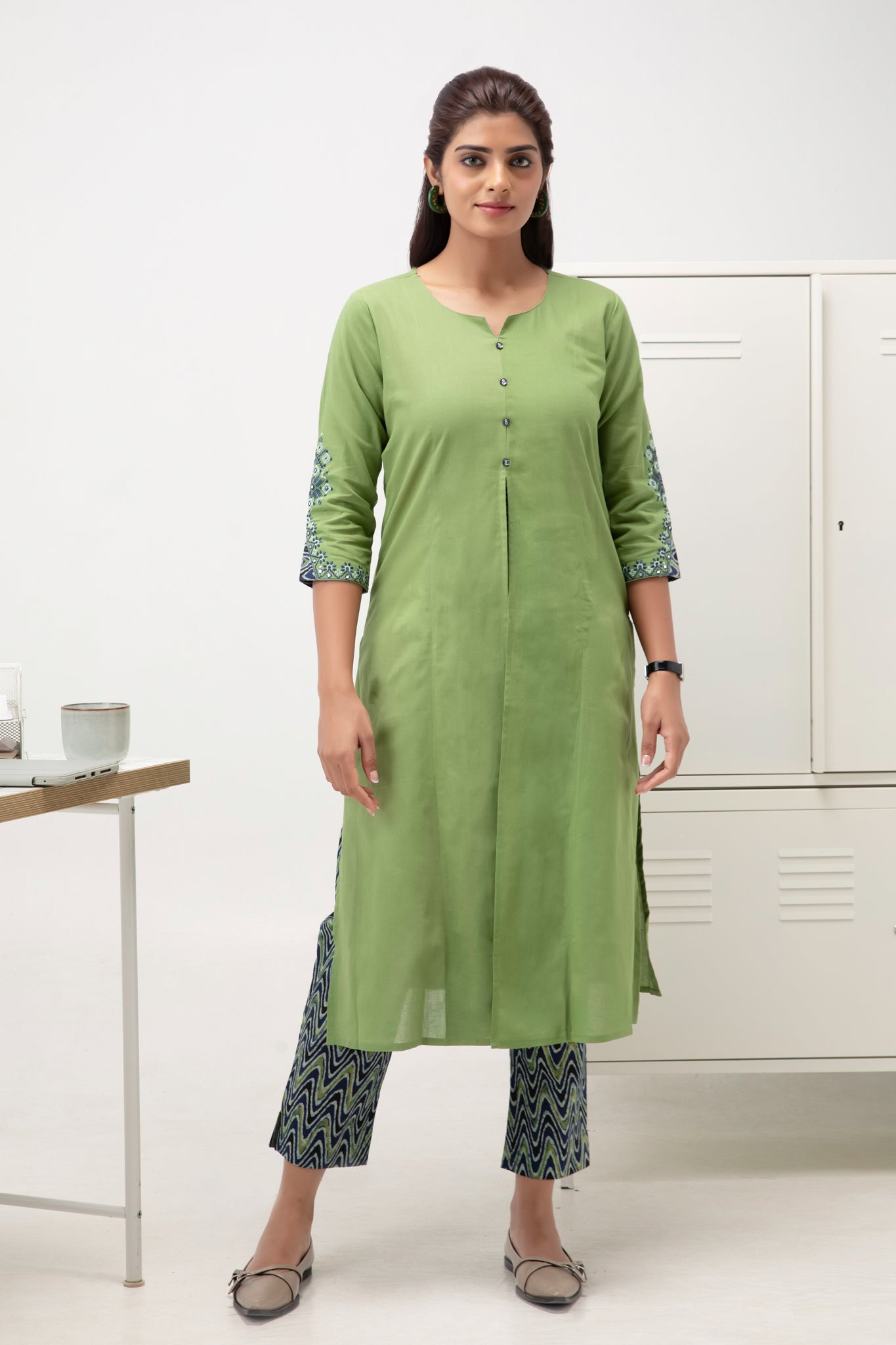 Green Cotton Kurta Pant Set