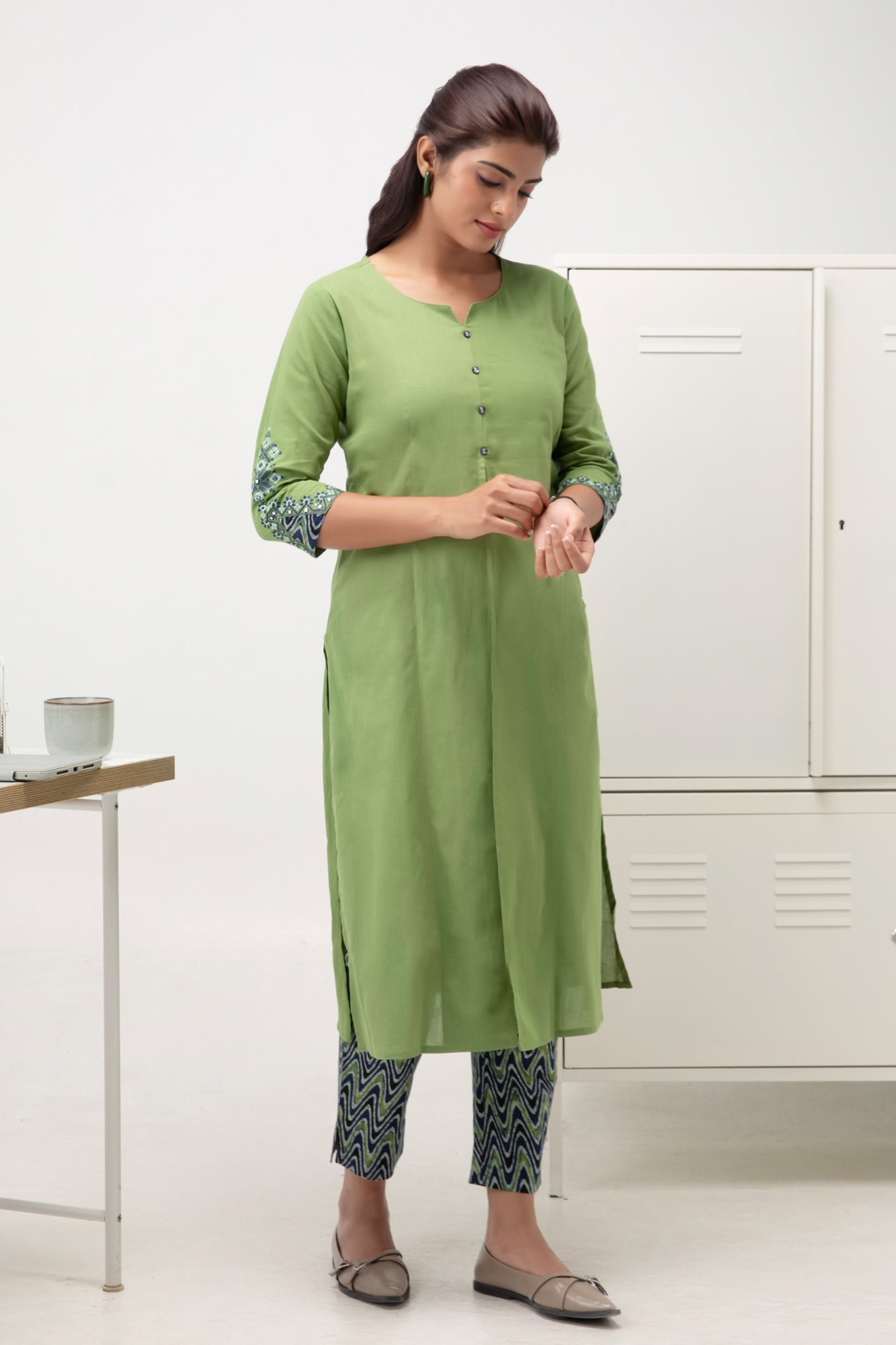 Green Cotton Kurta Pant Set