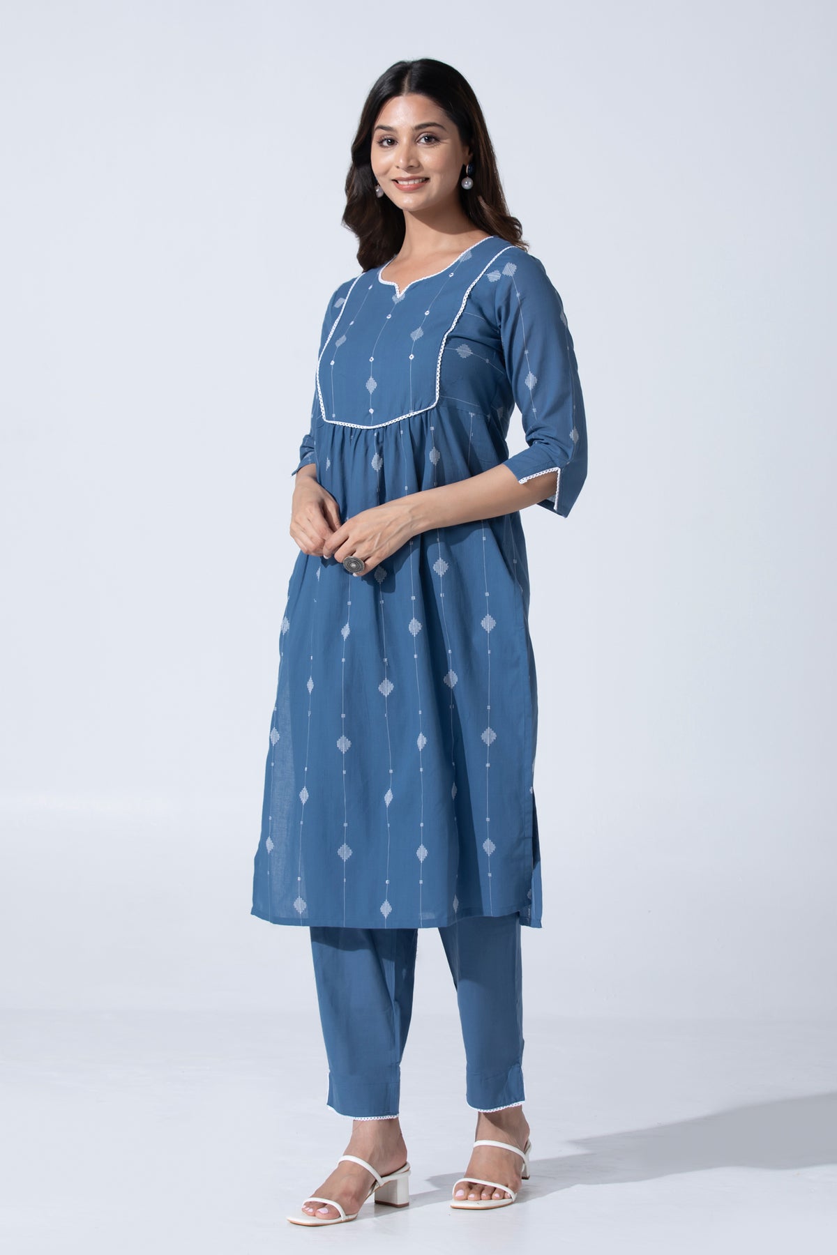 Blue Dobby Straight Cotton Kurta Pant Set