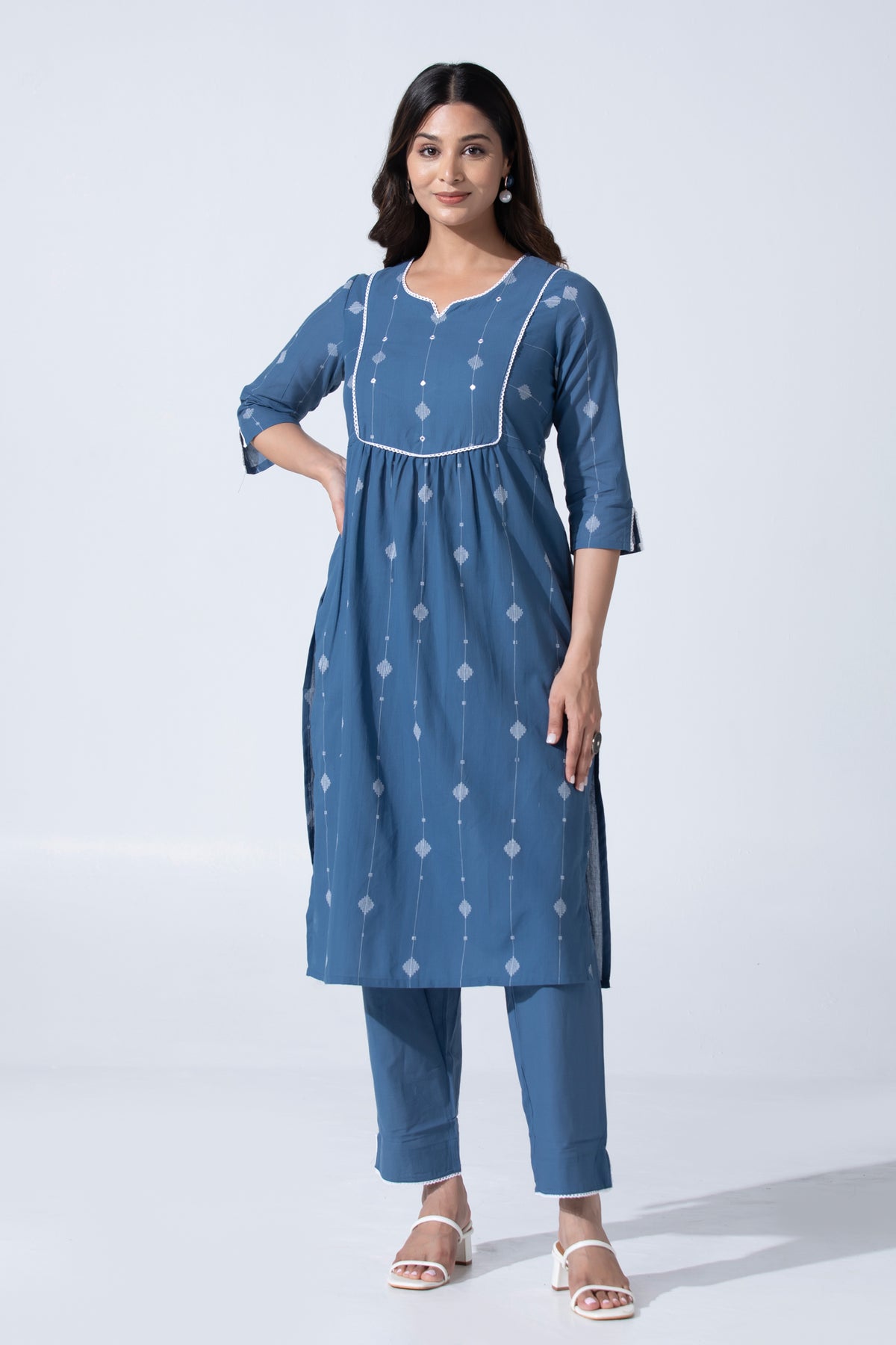 Blue Dobby Straight Cotton Kurta Pant Set