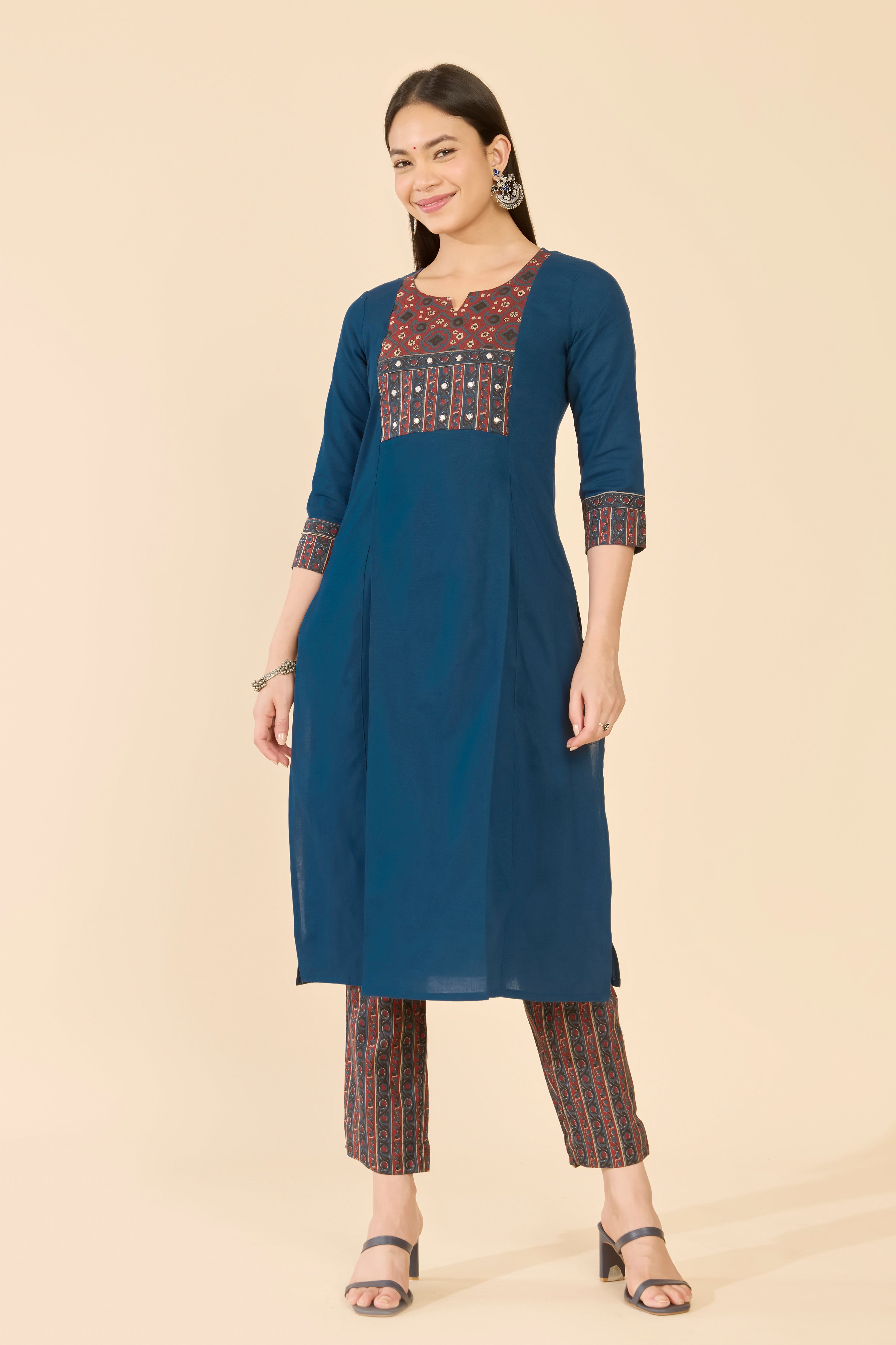 Blue Block Print Cotton Kurta Pant Set
