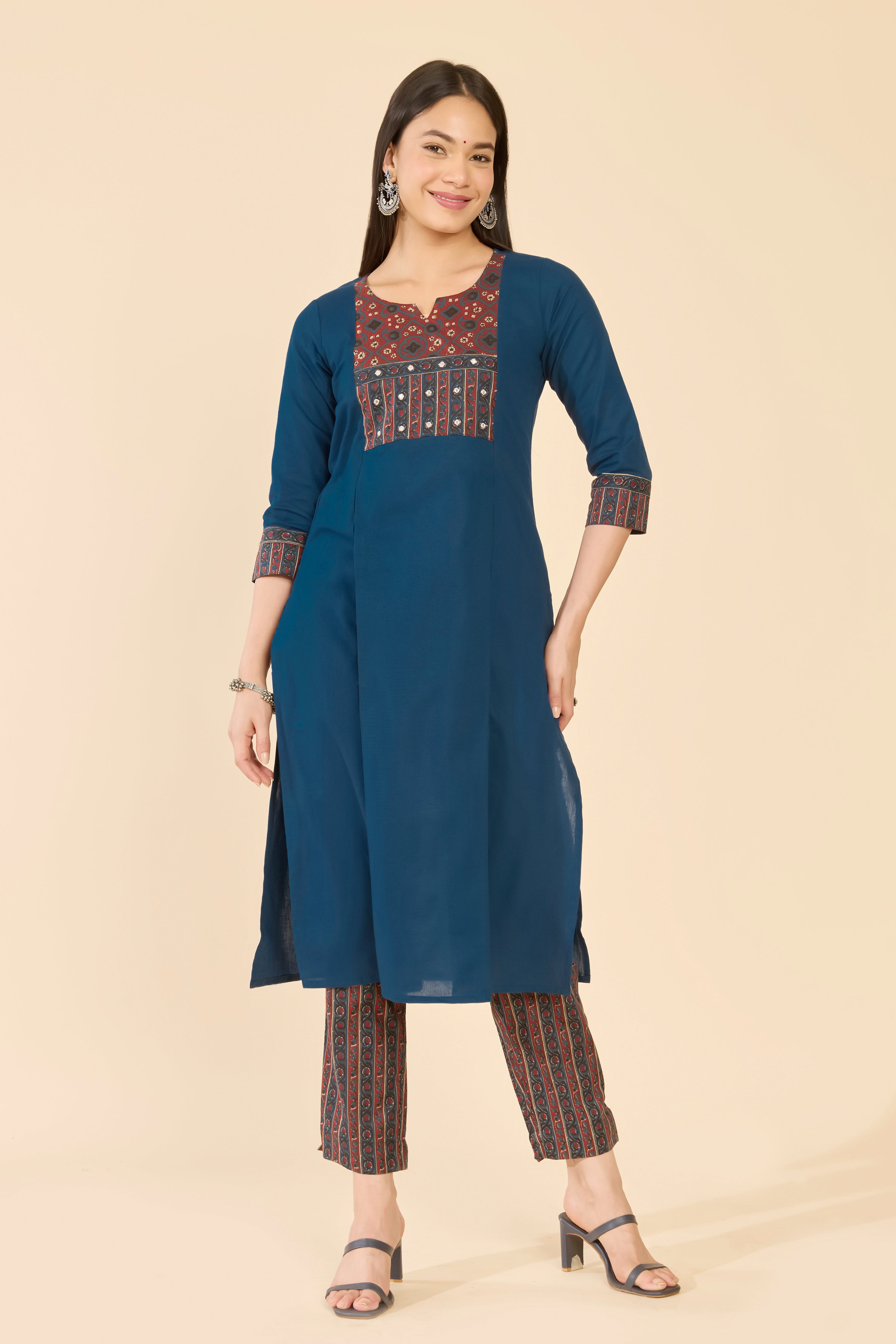 Blue Block Print Cotton Kurta Pant Set