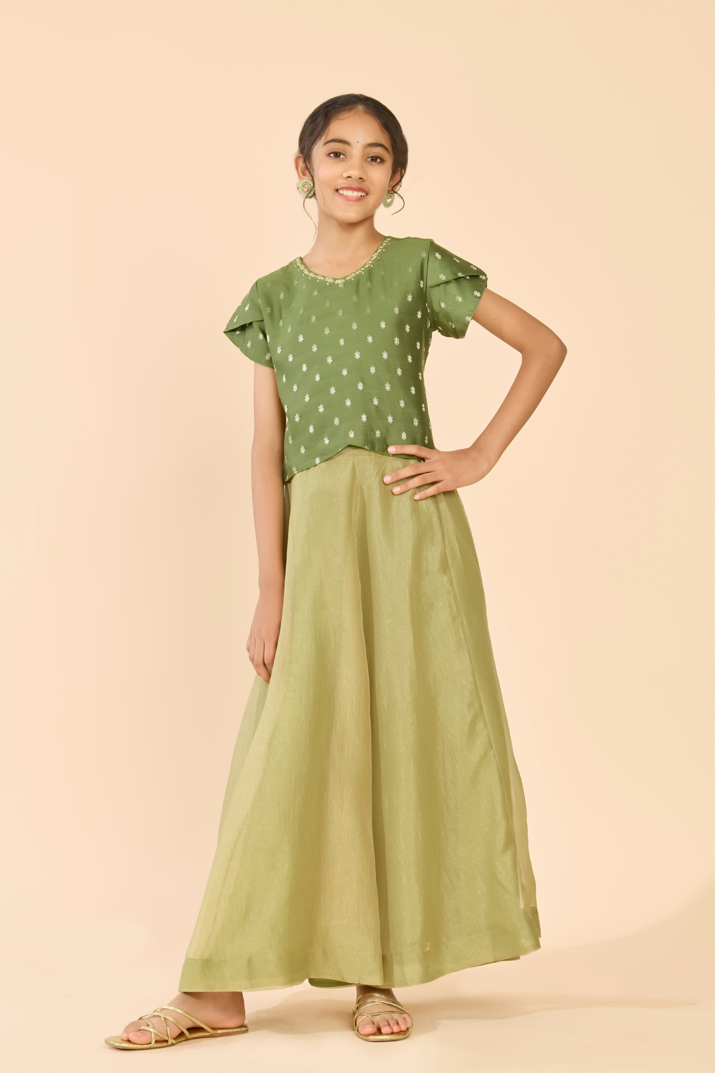 Green Dobby Raw Silk & Tissue Kids Skirt Set