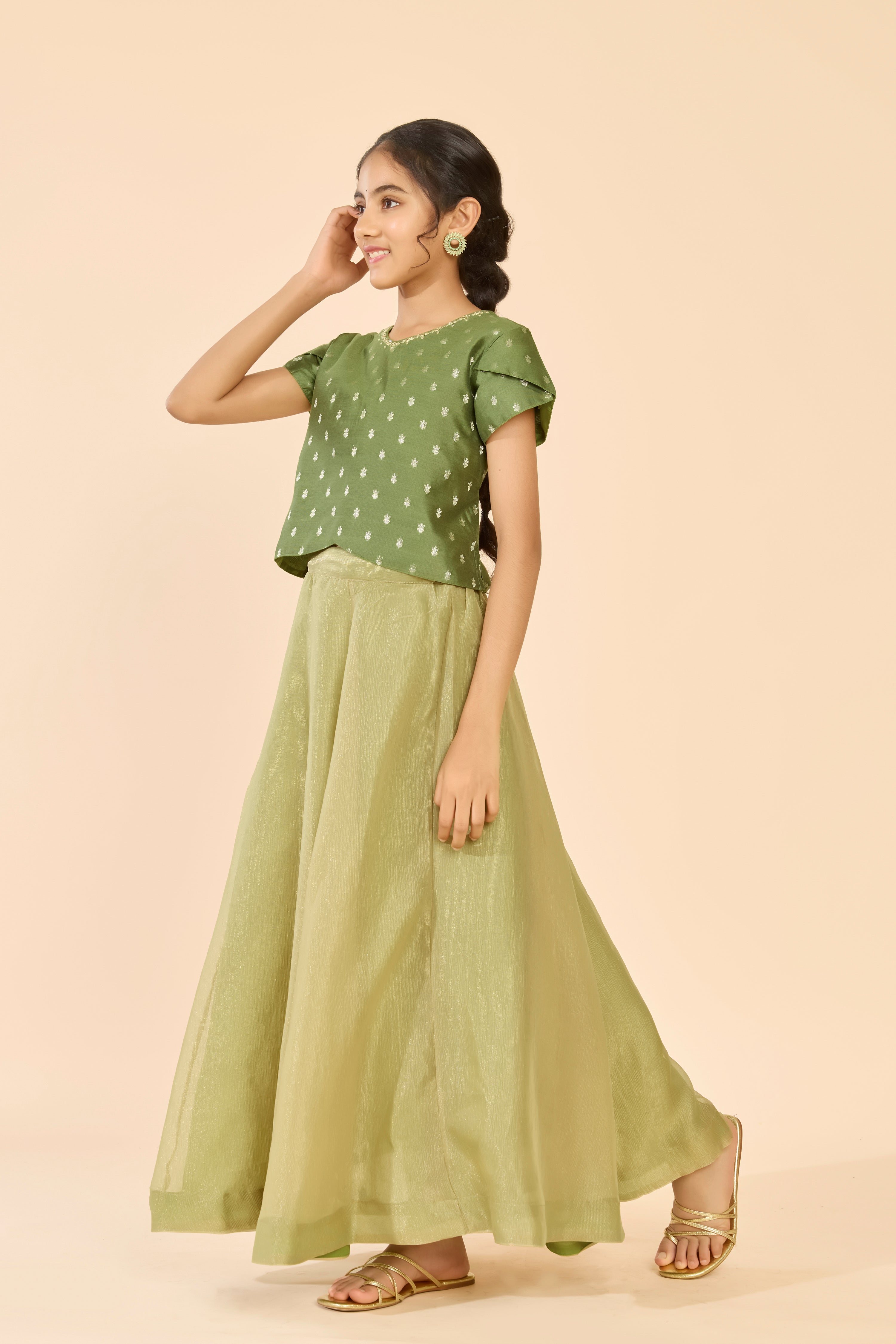 Green Dobby Raw Silk & Tissue Kids Skirt Set