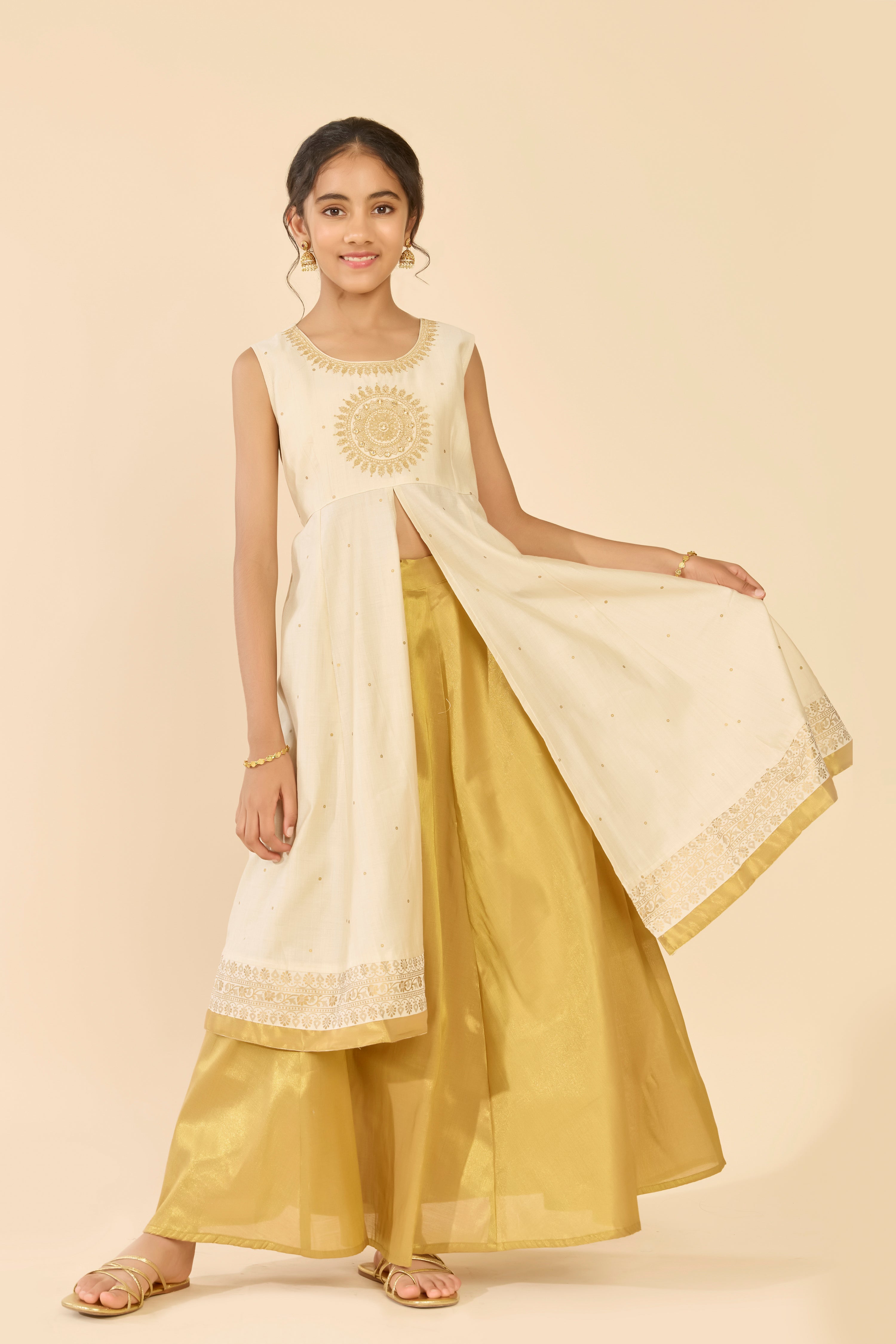 Off White Mandala Embroidered Kids Skirt Set