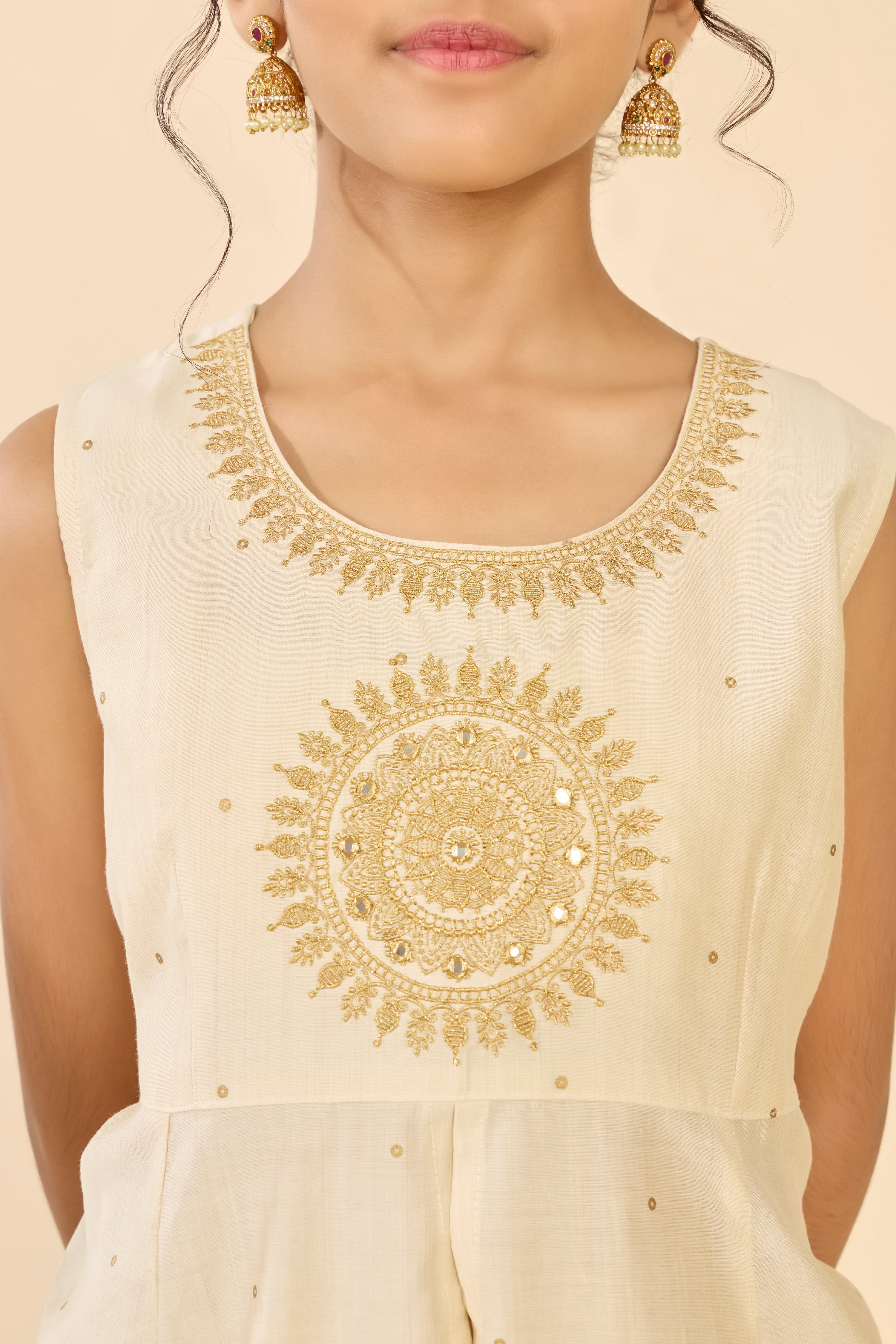 Off White Mandala Embroidered Kids Skirt Set