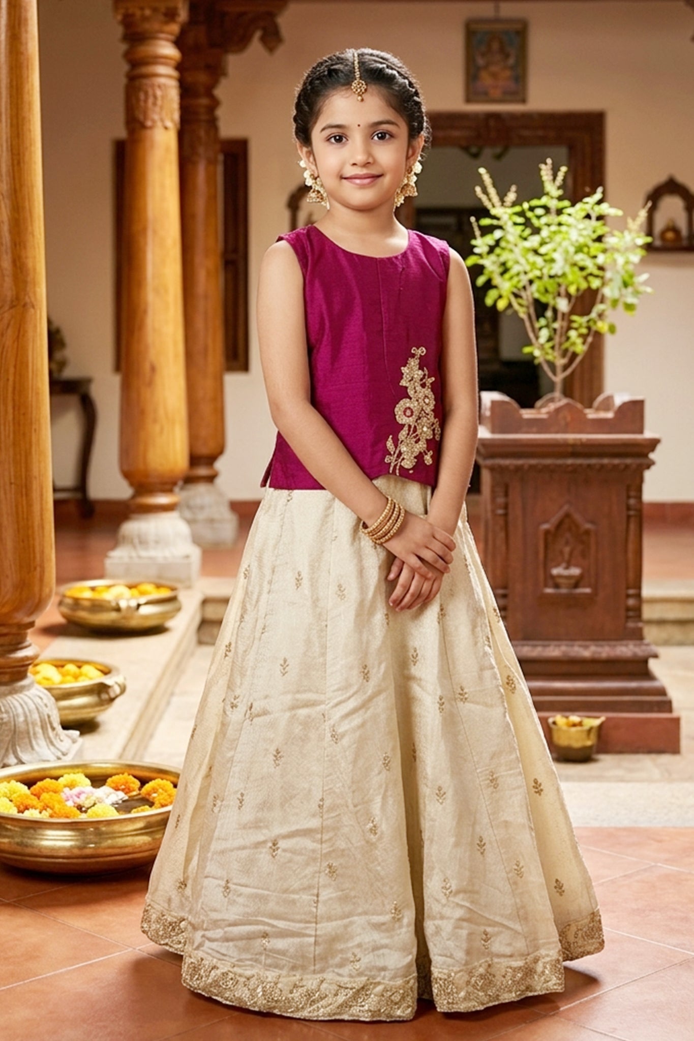 Magenta Embroidered Top & Printed Circular Skirt Set