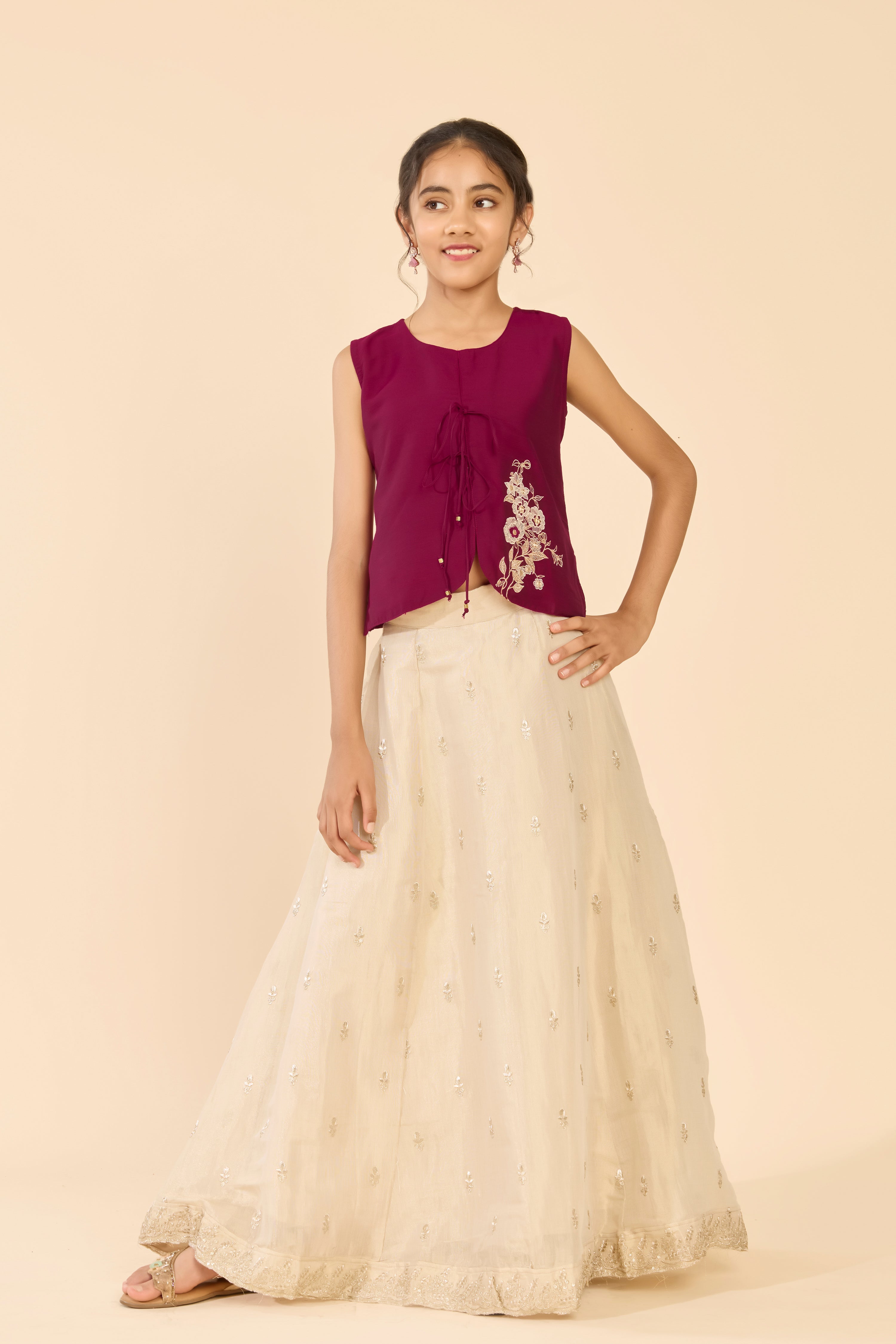 Magenta Embroidered Top & Printed Circular Skirt Set