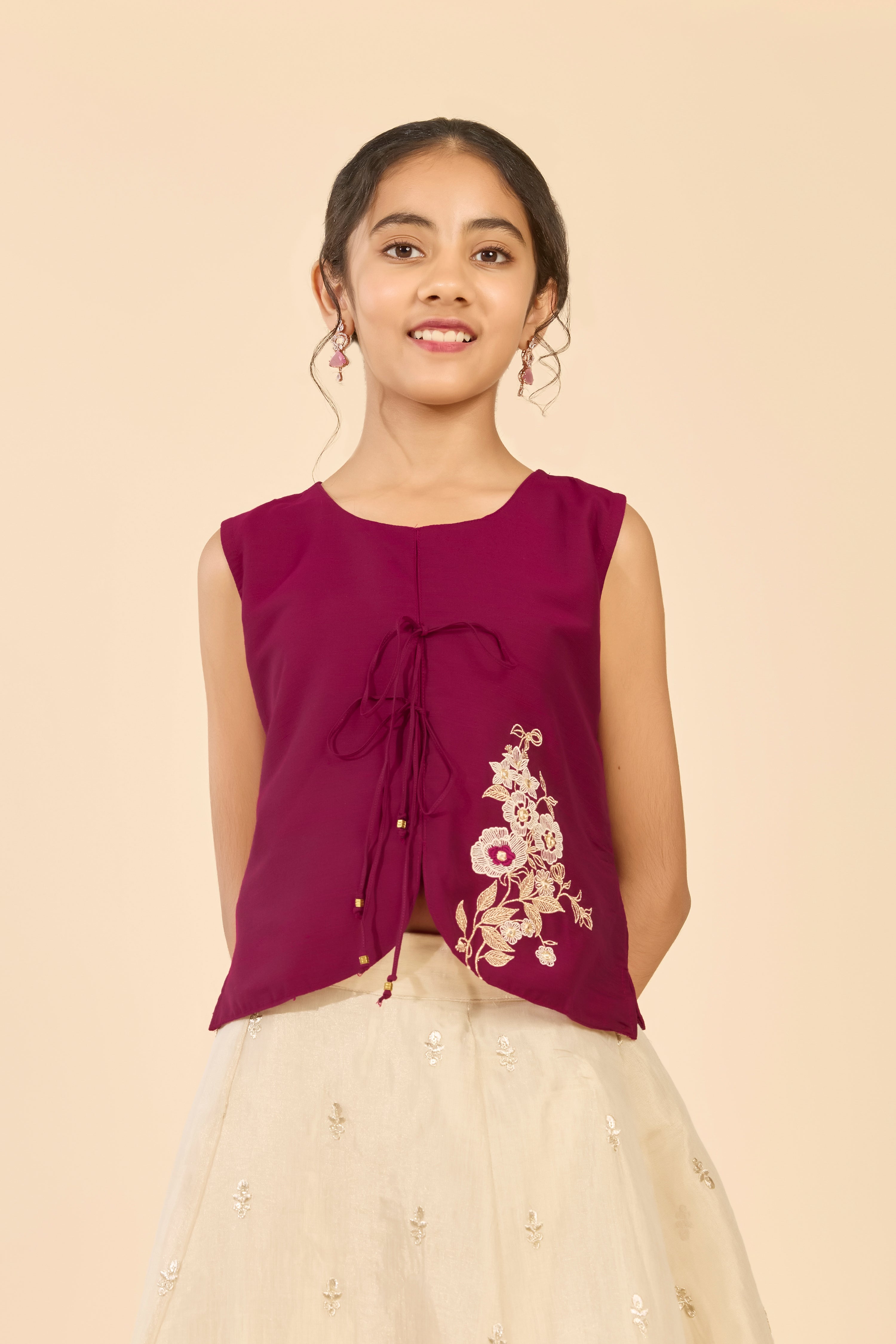Magenta Embroidered Top & Printed Circular Skirt Set