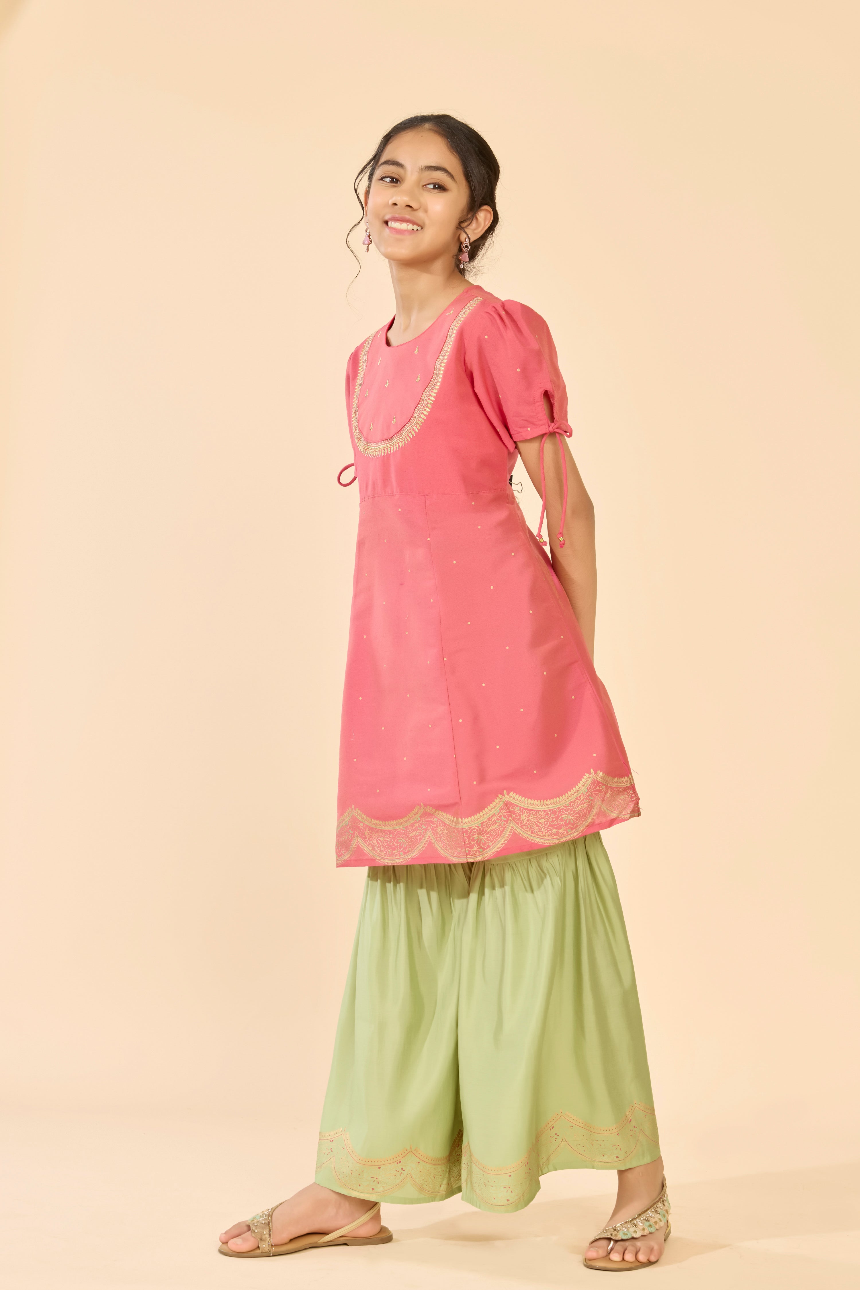 Pink & Green Embroidered Floral Kids Sharara Set