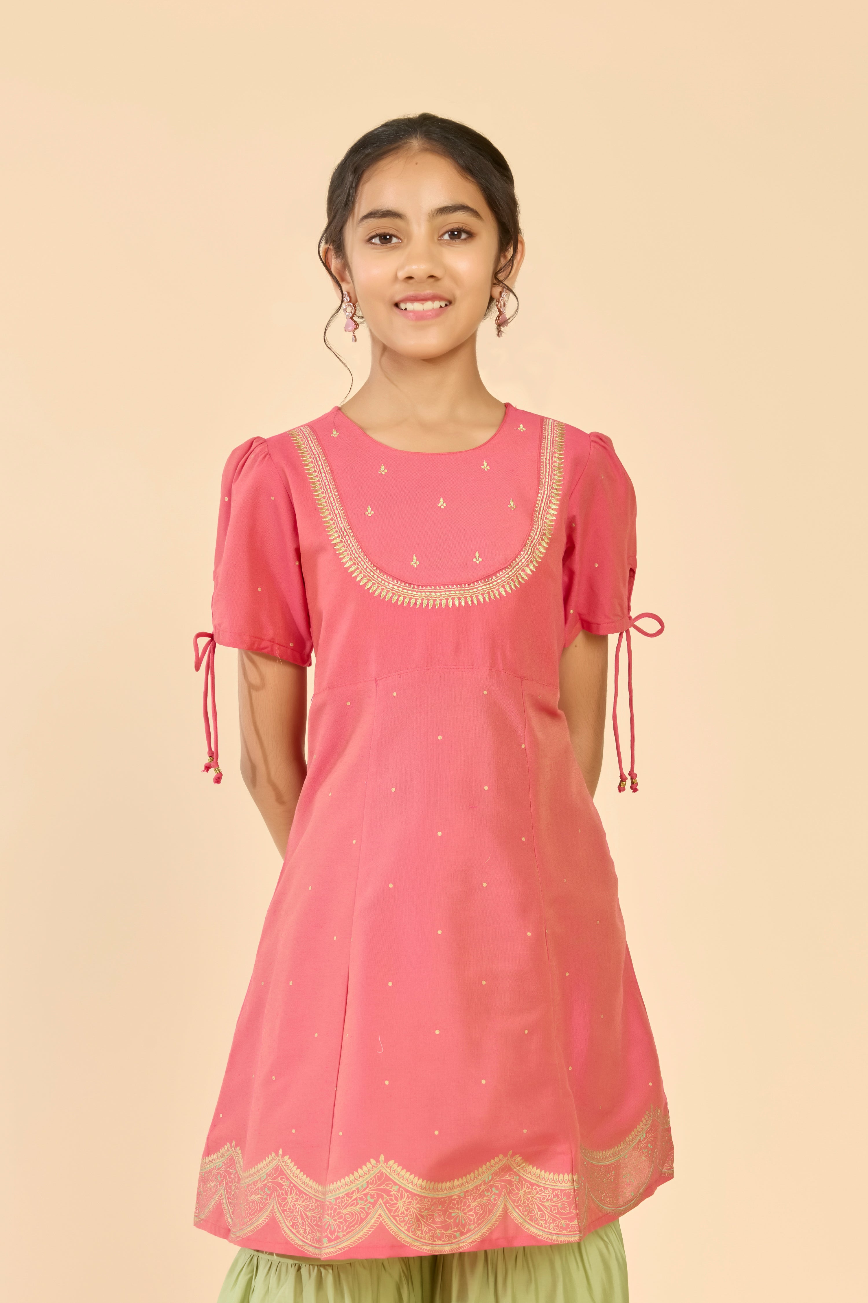 Pink & Green Embroidered Floral Kids Sharara Set