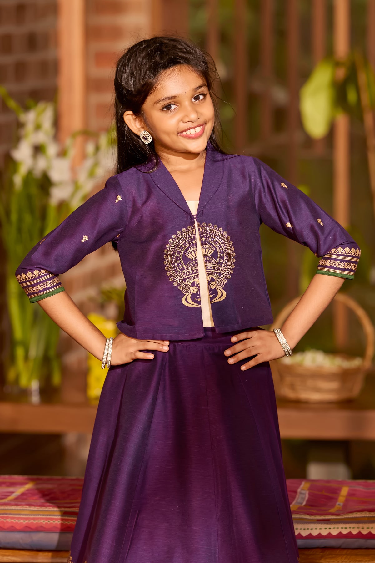 Kids Kathakali Printed Skirt Set in Off-White & Purple – Onam Special