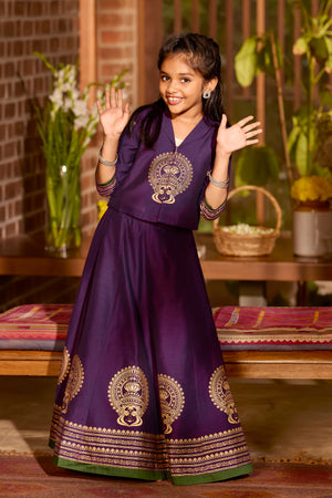 Kids Kathakali Printed Skirt Set in Off-White & Purple – Onam Special