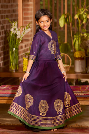 Kids Kathakali Printed Skirt Set in Off-White & Purple – Onam Special
