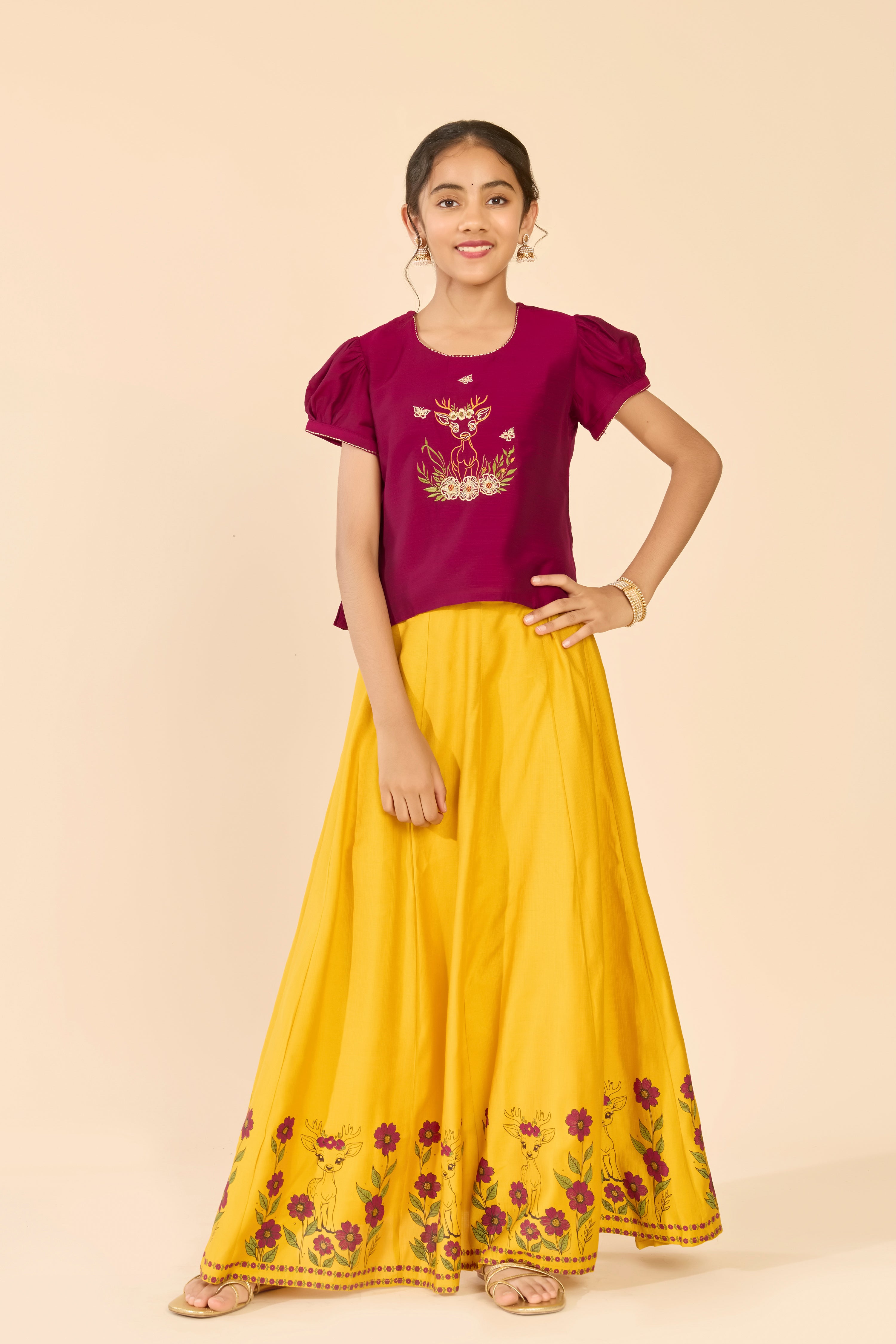 Maroon & Mustard Deer Embroidered Kids Skirt Set